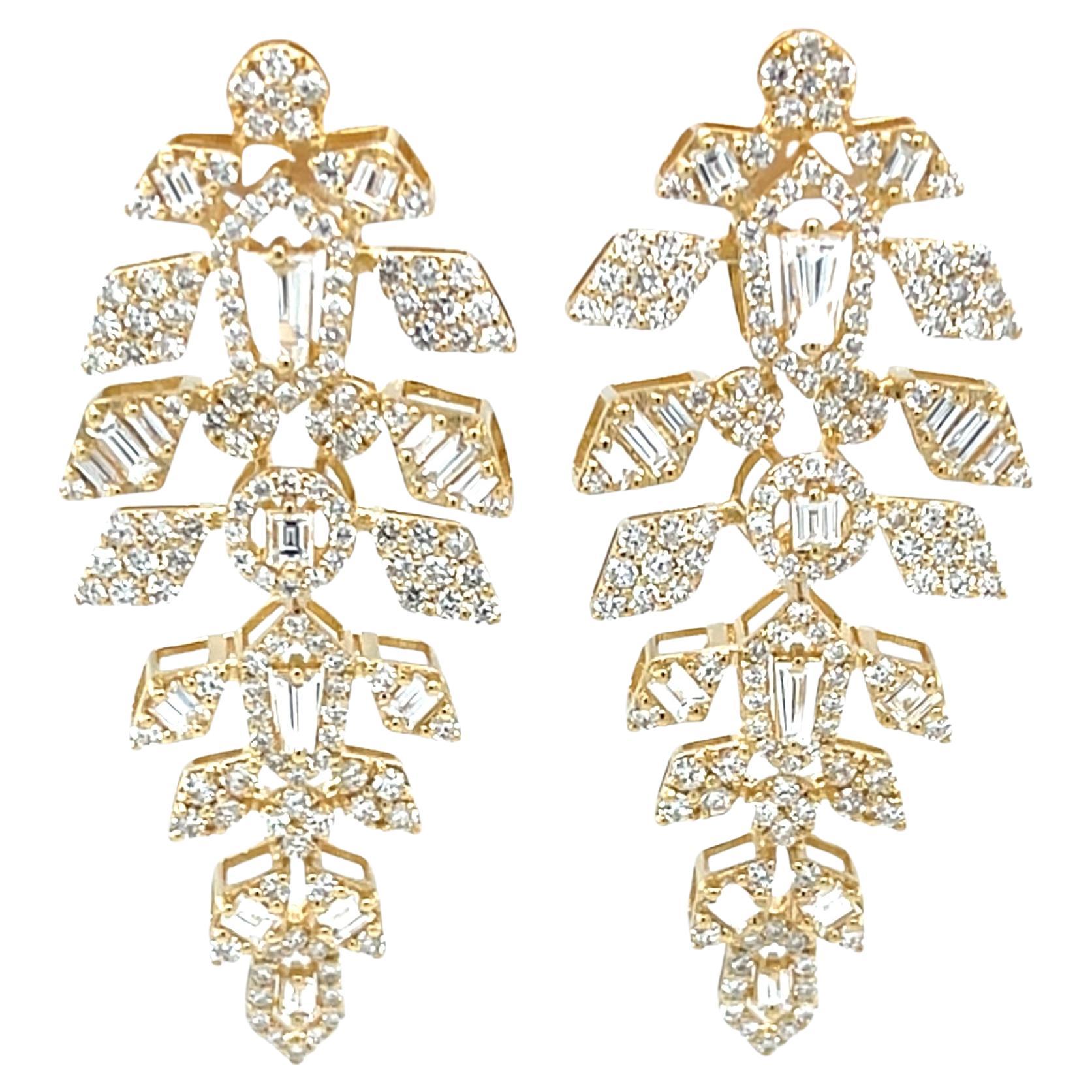 Diamond Round and Baguette Dangle Earrings in 18k Yellow Gold, 1.86 Carats Total