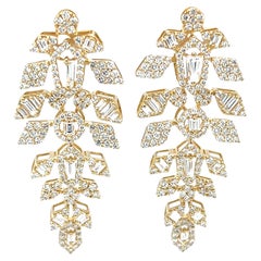 Diamond Round and Baguette Dangle Earrings in 18k Yellow Gold, 1.86 Carats Total