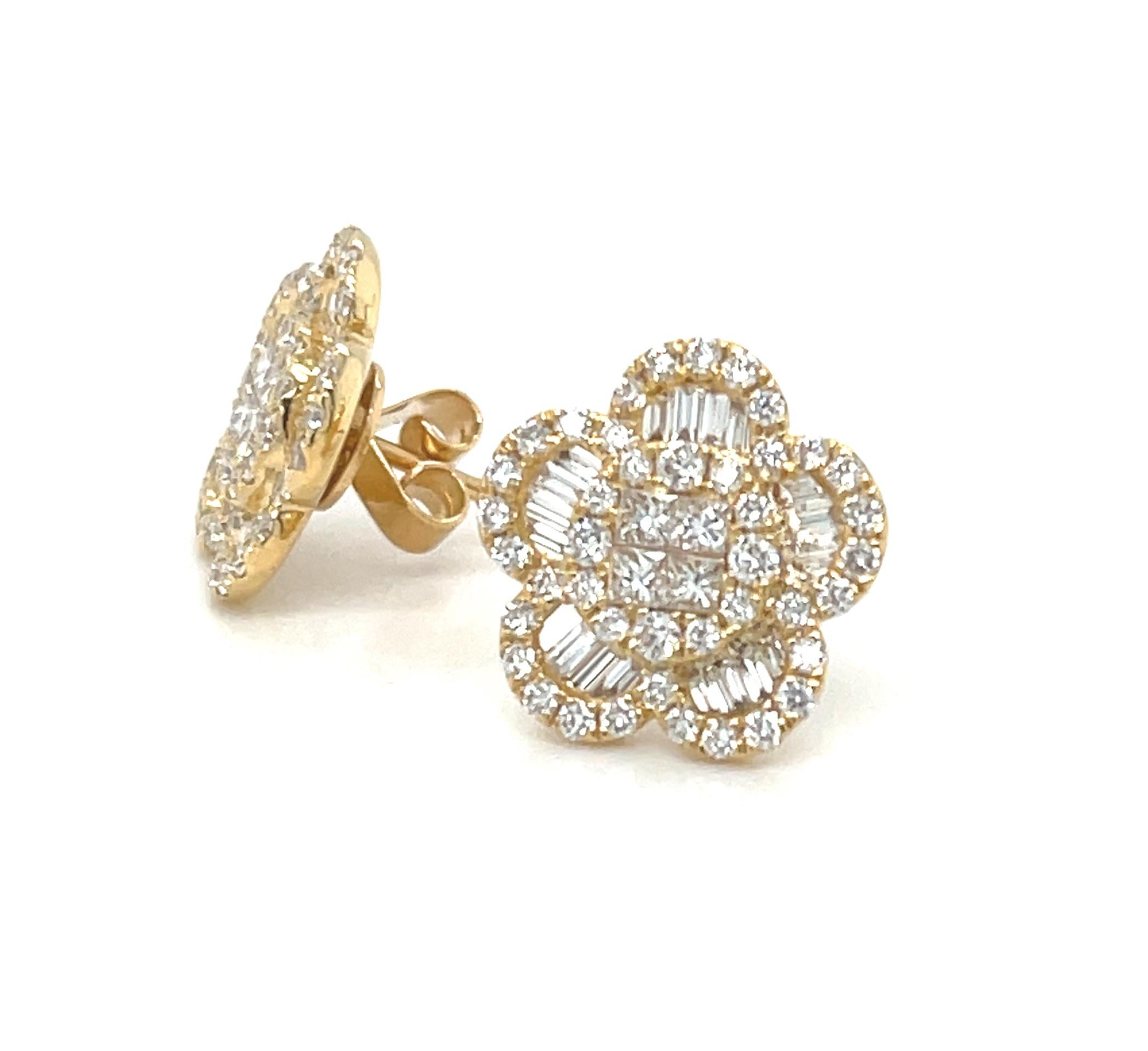 Artisan Diamond Round and Baguette Floral Earrings in 18k Yellow Gold, 1.35 Carats Total For Sale