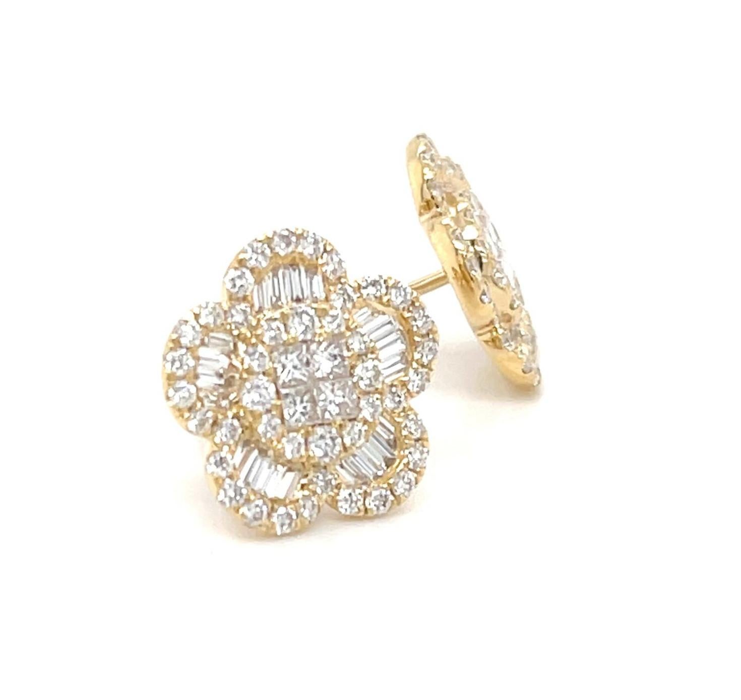 Baguette Cut Diamond Round and Baguette Floral Earrings in 18k Yellow Gold, 1.35 Carats Total For Sale