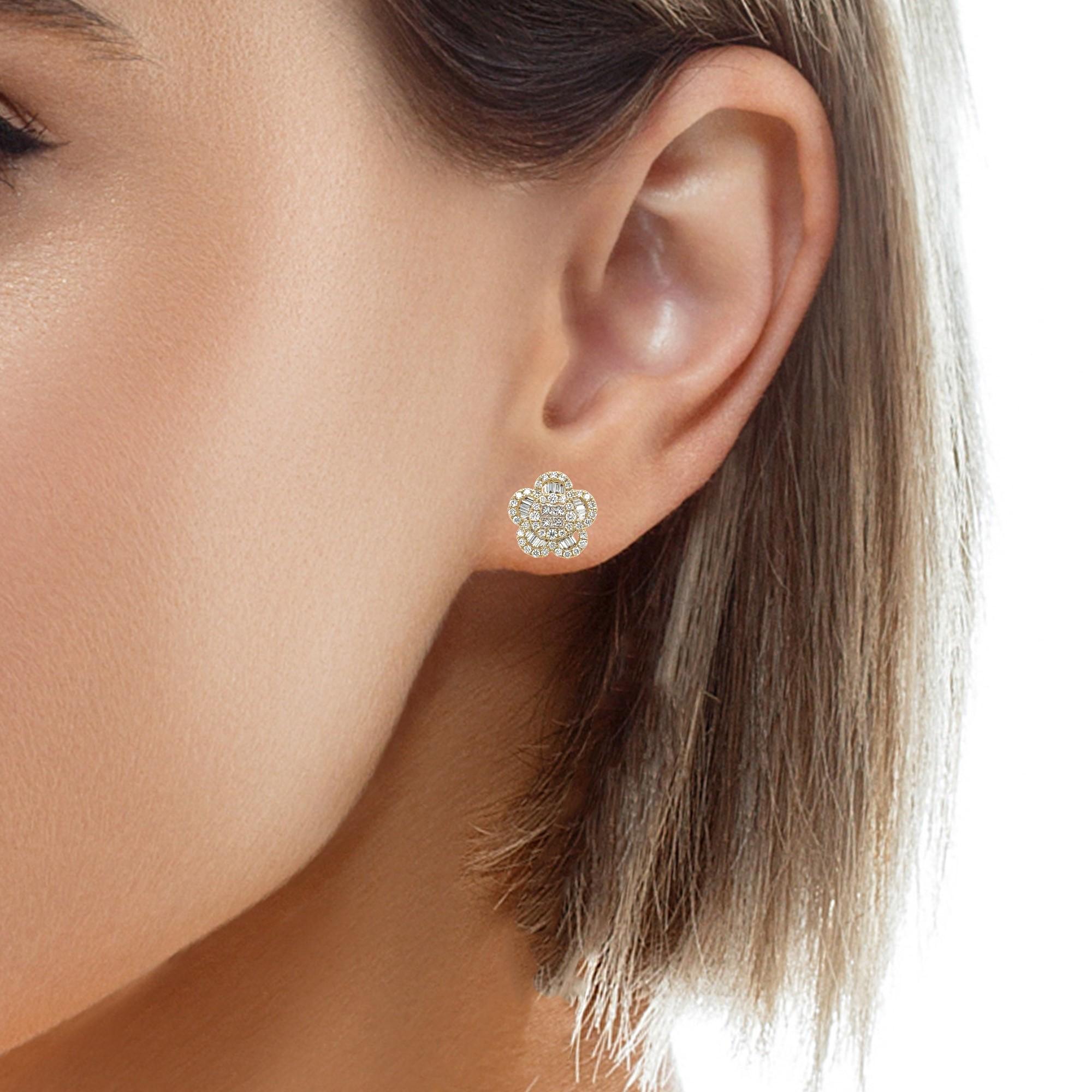 Diamond Round and Baguette Floral Earrings in 18k Yellow Gold, 1.35 Carats Total For Sale 2