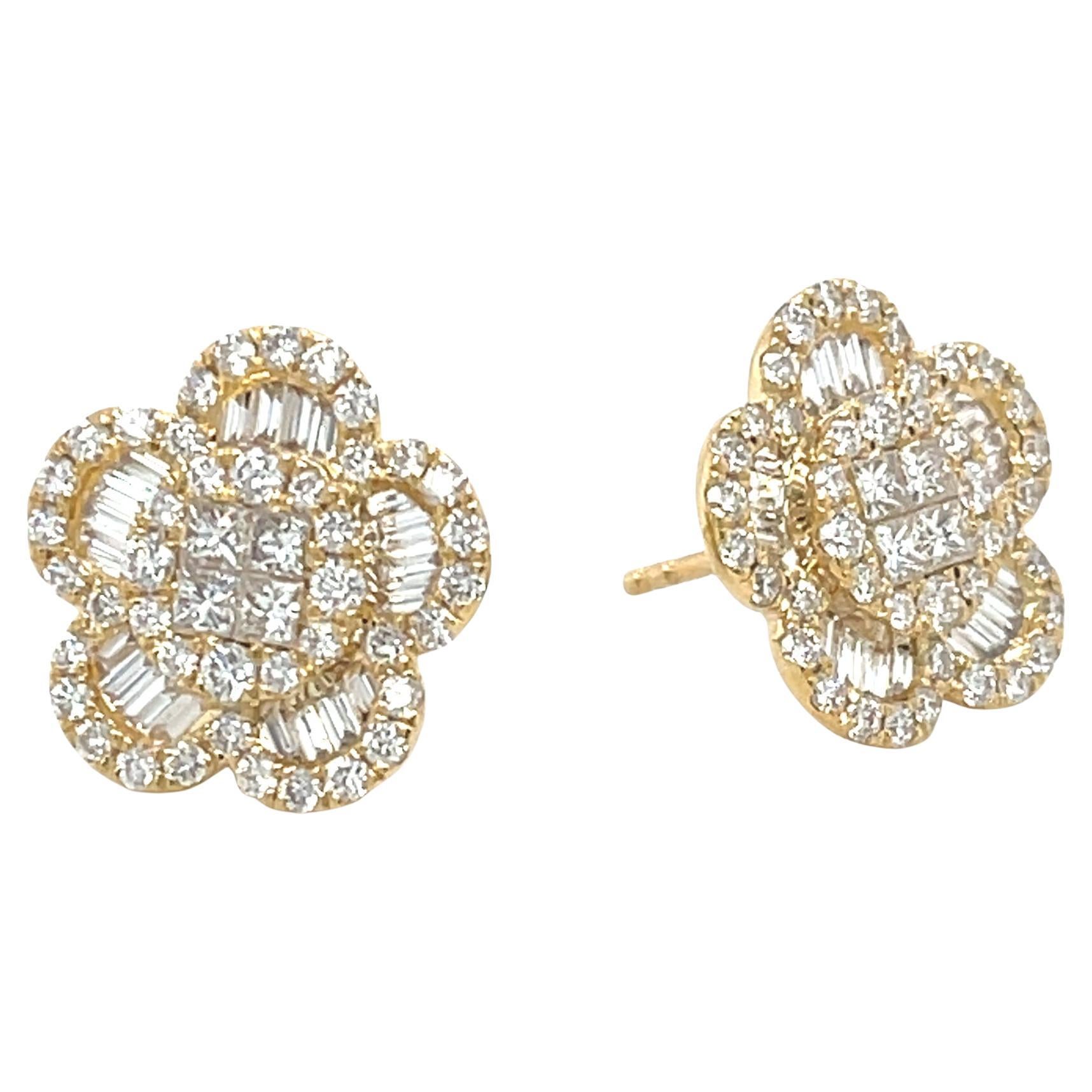 Diamond Round and Baguette Floral Earrings in 18k Yellow Gold, 1.35 Carats Total