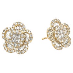 Diamond Round and Baguette Floral Earrings in 18k Yellow Gold, 1.35 Carats Total