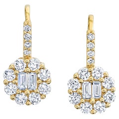 Diamond Round Baguette Cluster Drop Lever Back Yellow Gold Earrings