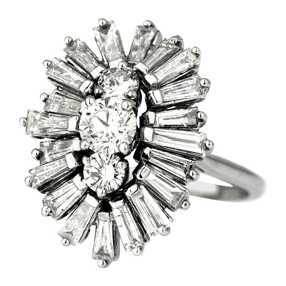 Diamond Round and Baguette Cocktail Cluster 3-Stone Ring in 18 Karat White Gold For Sale