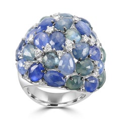 Diamond Round Blue Sapphire 18 Karat White Gold Cocktail Dome Fashion Ring