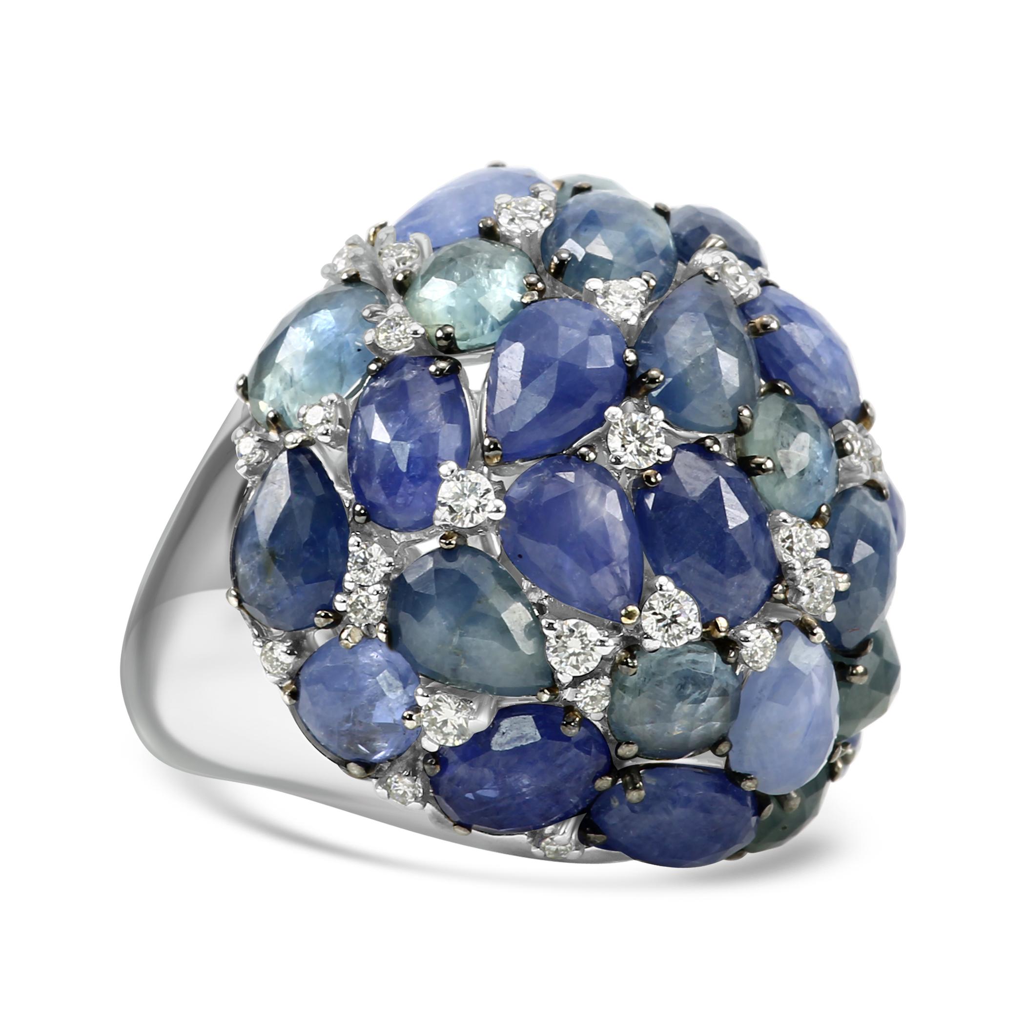 Art Deco Diamond Round Blue Sapphire 18 Karat White Gold Cocktail Dome Fashion Ring For Sale