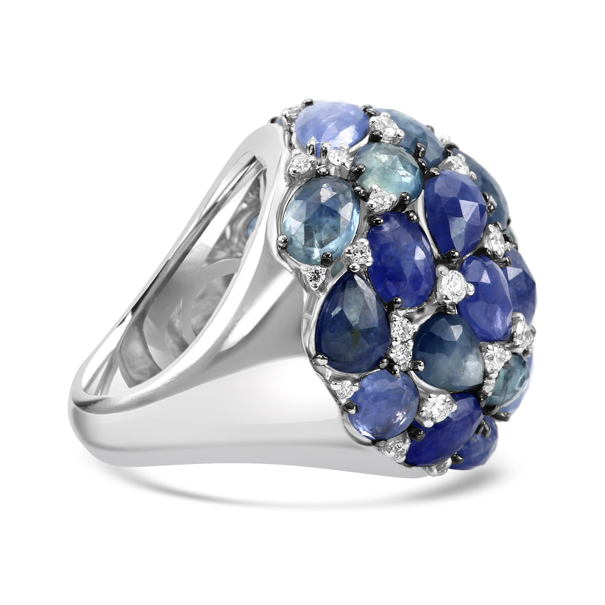 Cabochon Diamond Round Blue Sapphire 18 Karat White Gold Cocktail Dome Fashion Ring For Sale