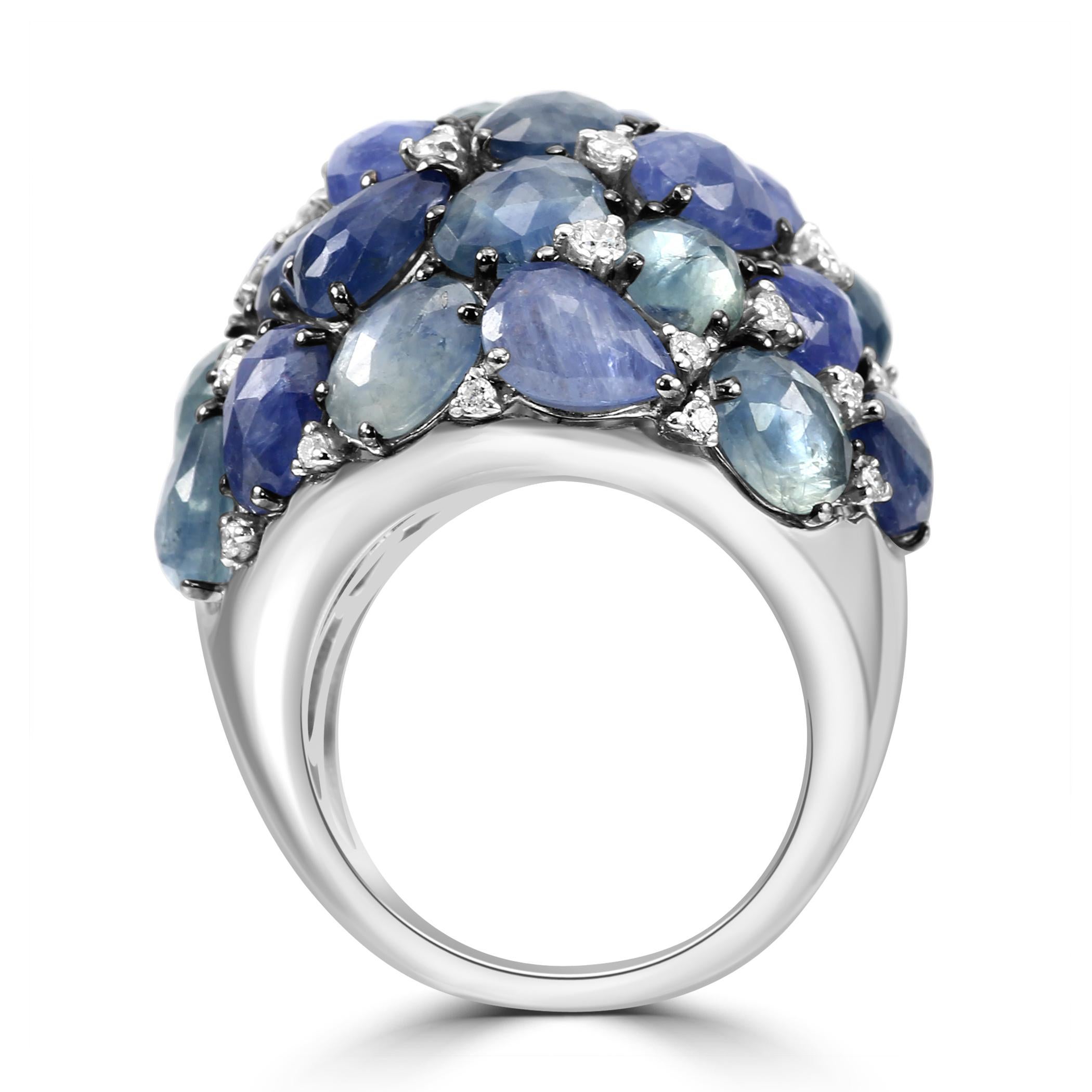 Diamond Round Blue Sapphire 18 Karat White Gold Cocktail Dome Fashion Ring In New Condition For Sale In New York, NY