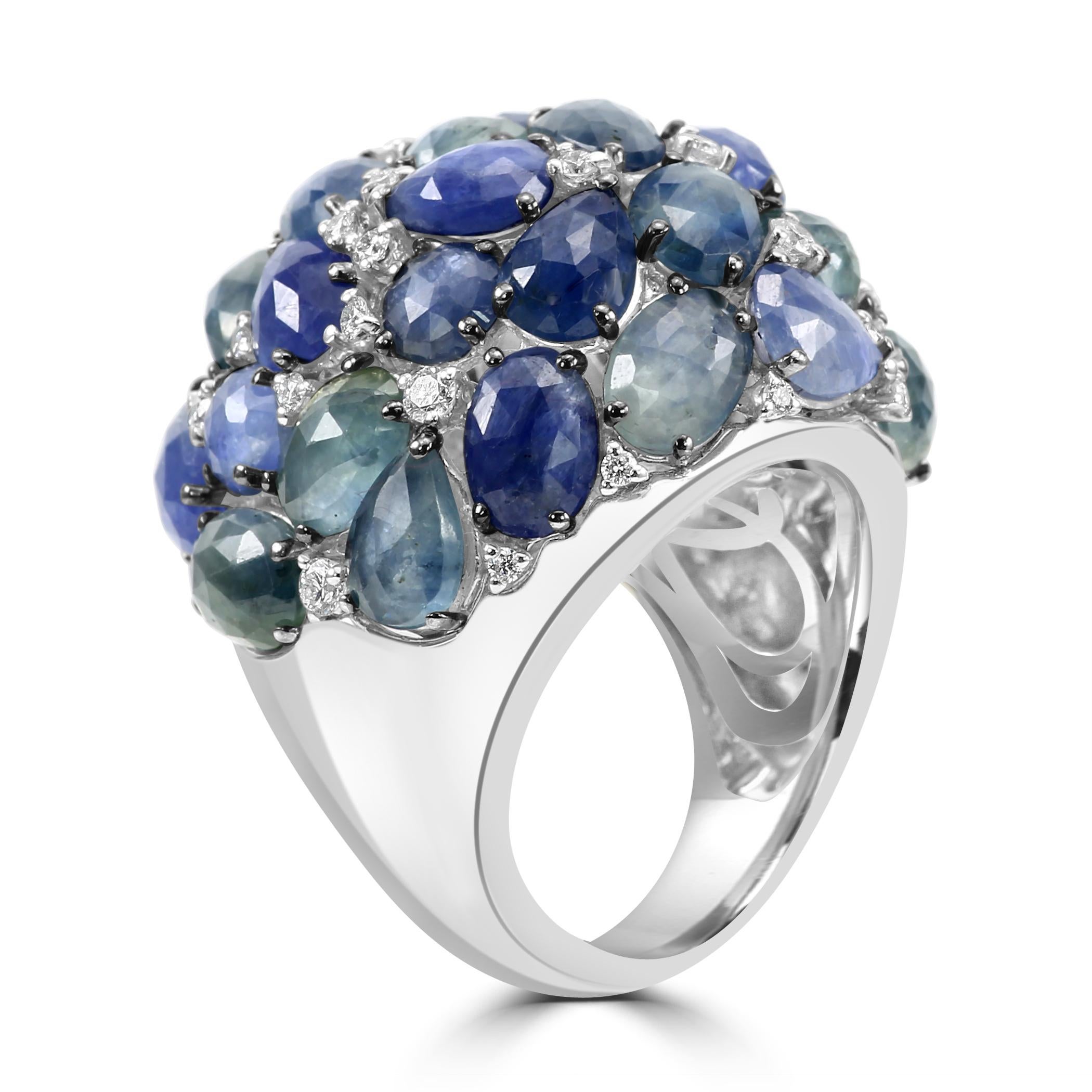 Women's or Men's Diamond Round Blue Sapphire 18 Karat White Gold Cocktail Dome Fashion Ring For Sale