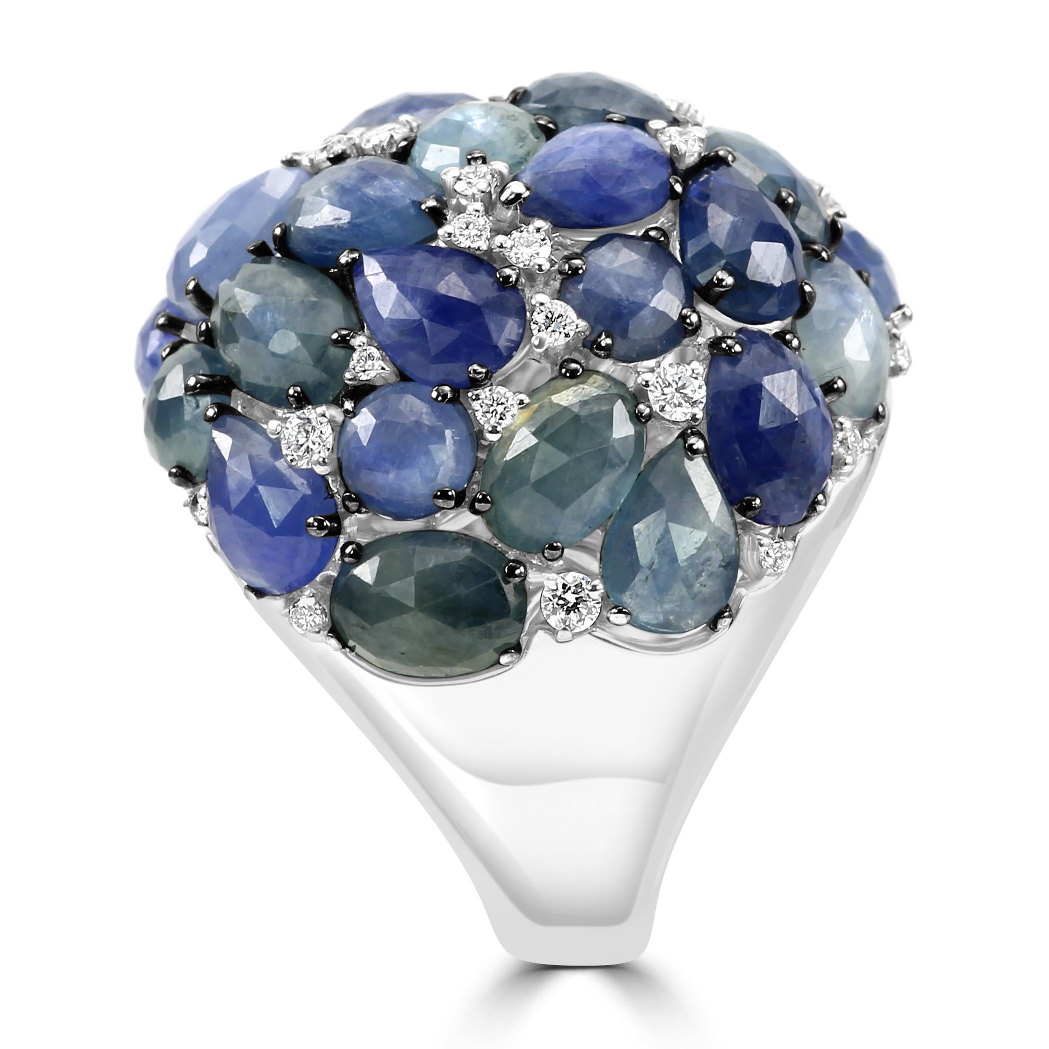 Diamond Round Blue Sapphire 18 Karat White Gold Cocktail Dome Fashion Ring For Sale 1
