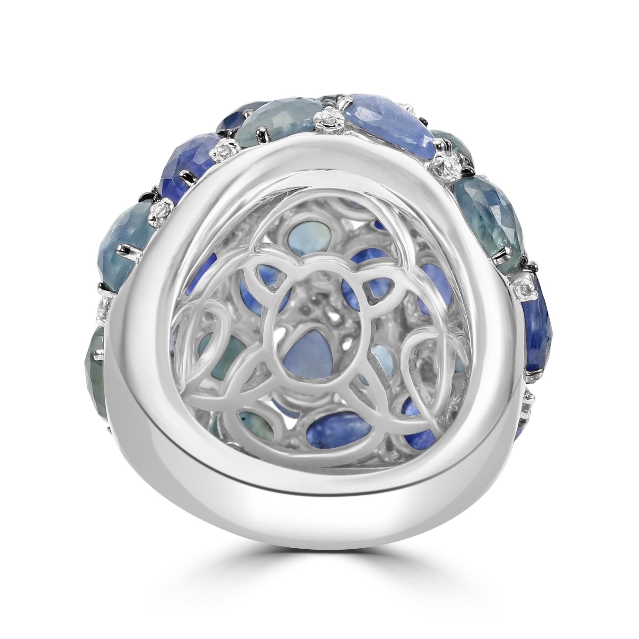 Diamond Round Blue Sapphire 18 Karat White Gold Cocktail Dome Fashion Ring For Sale 2