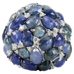 Diamond Round Blue Sapphire 18 Karat White Gold Cocktail Dome Fashion Ring