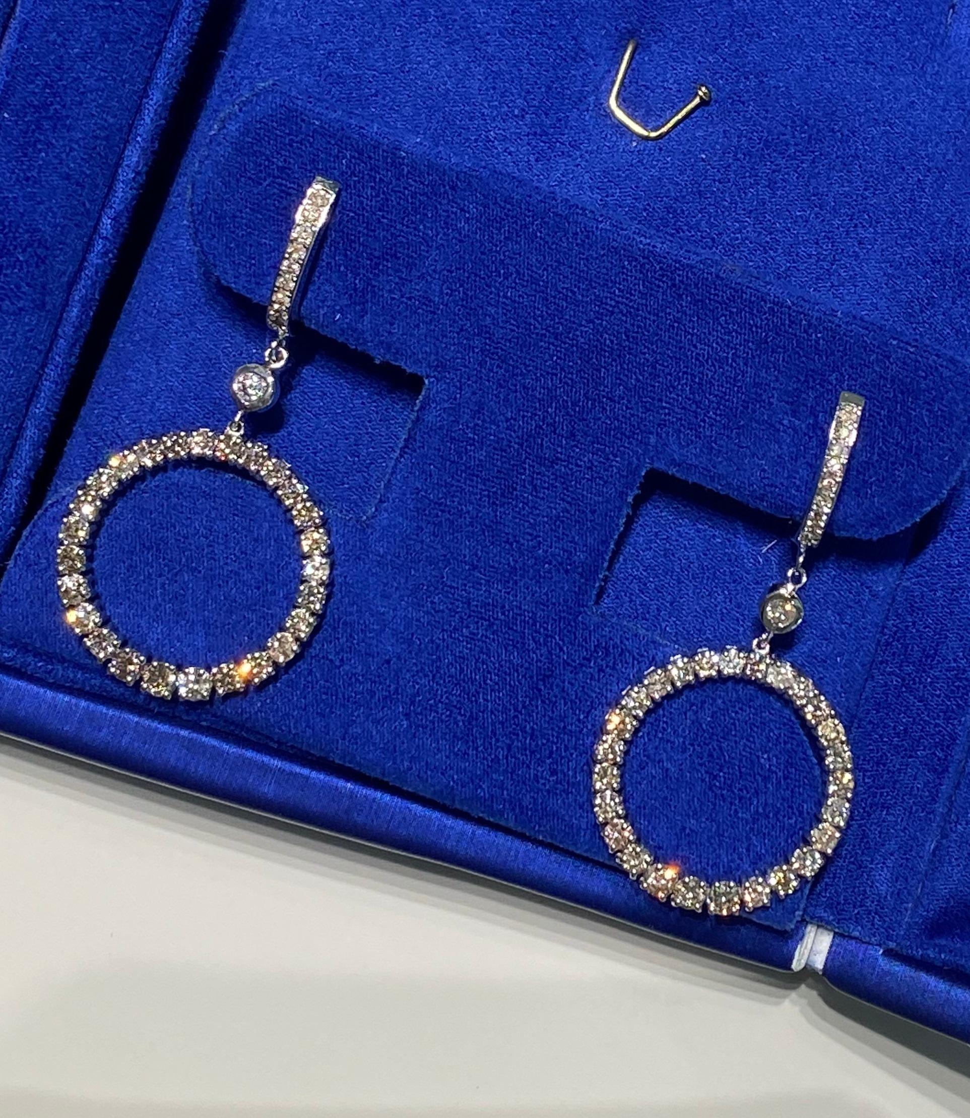 Diamond Round Circle 14 Karat White Gold Hoop Huggie Statement Carat Earrings For Sale 6