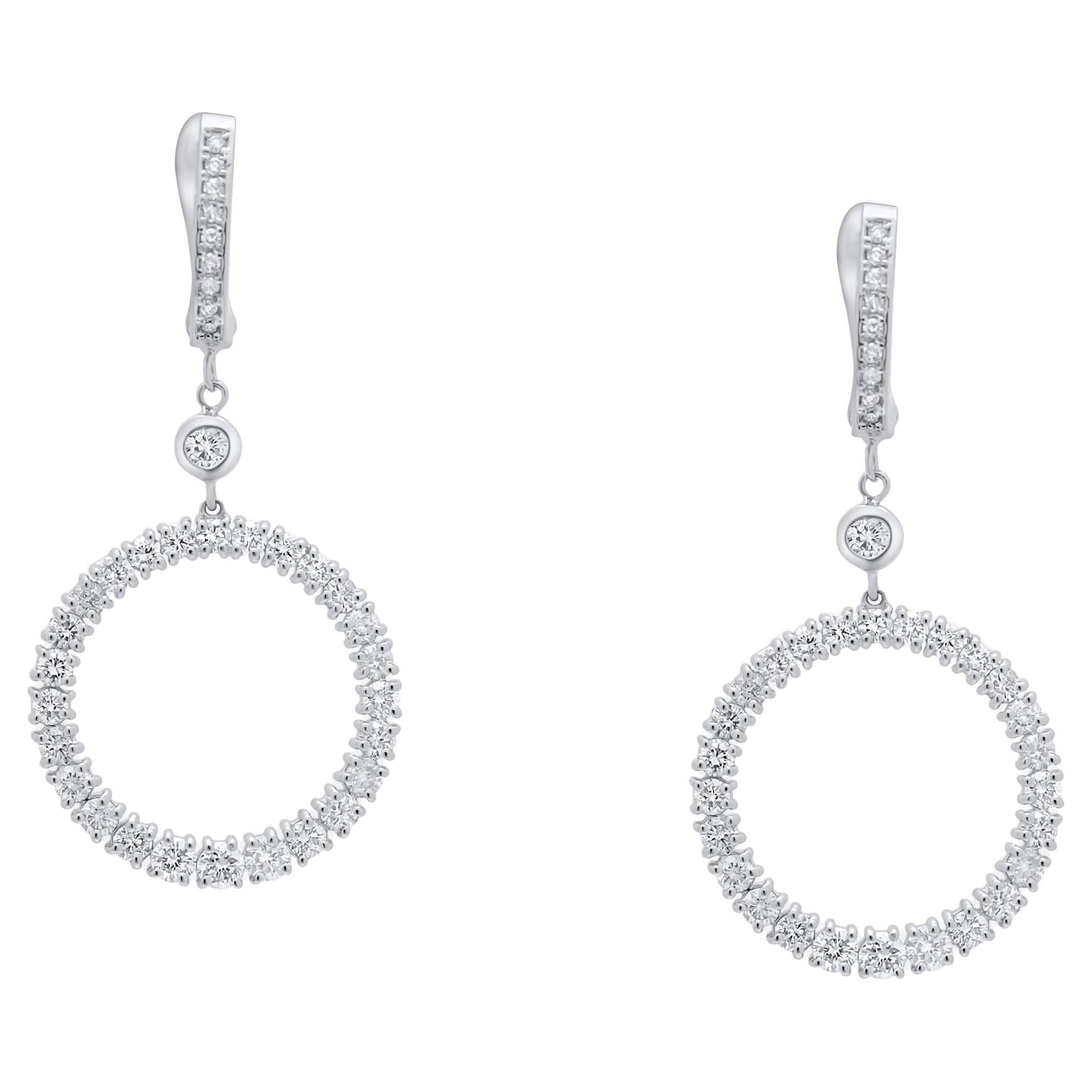 Diamond Round Circle 14 Karat White Gold Hoop Huggie Statement Carat Earrings For Sale