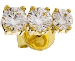 Diamond Round Cut 0.75 Carat Three-Stone 18 Karat Yellow Gold Drop Stud Earrings