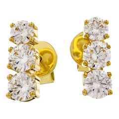 Diamond Round Cut 0.75 Carat Three-Stone 18 Karat Yellow Gold Drop Stud Earrings