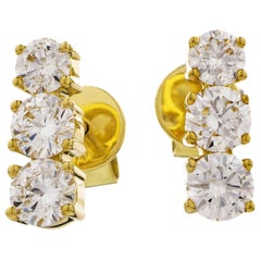 Diamond Round Cut 1.30 Carat Three-Stone 18 Karat Yellow Gold Stud Drop Earrings