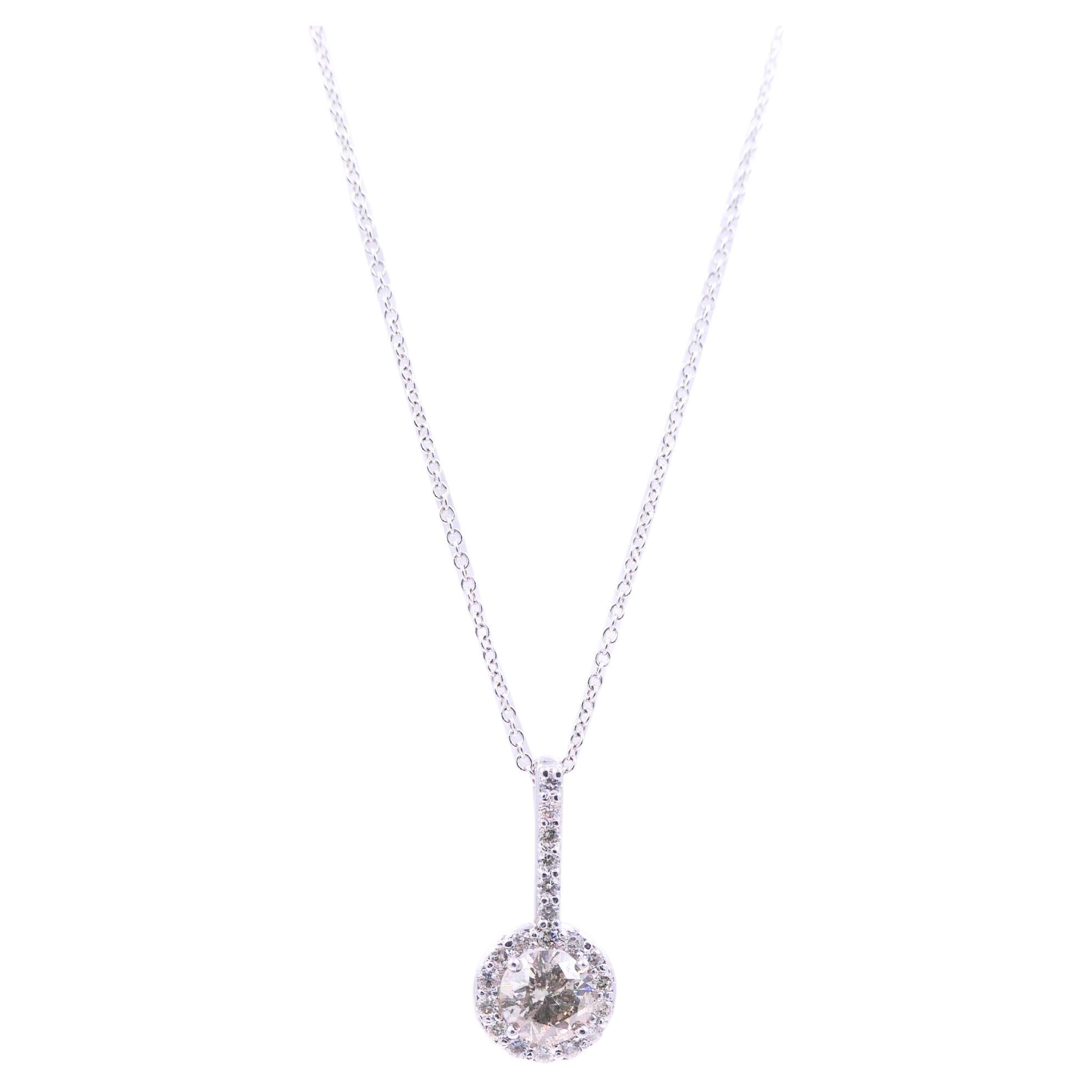 Modern Diamond Round Pave Halo 14 Karat White Gold Dainty Chain Drop Pendant Necklace For Sale