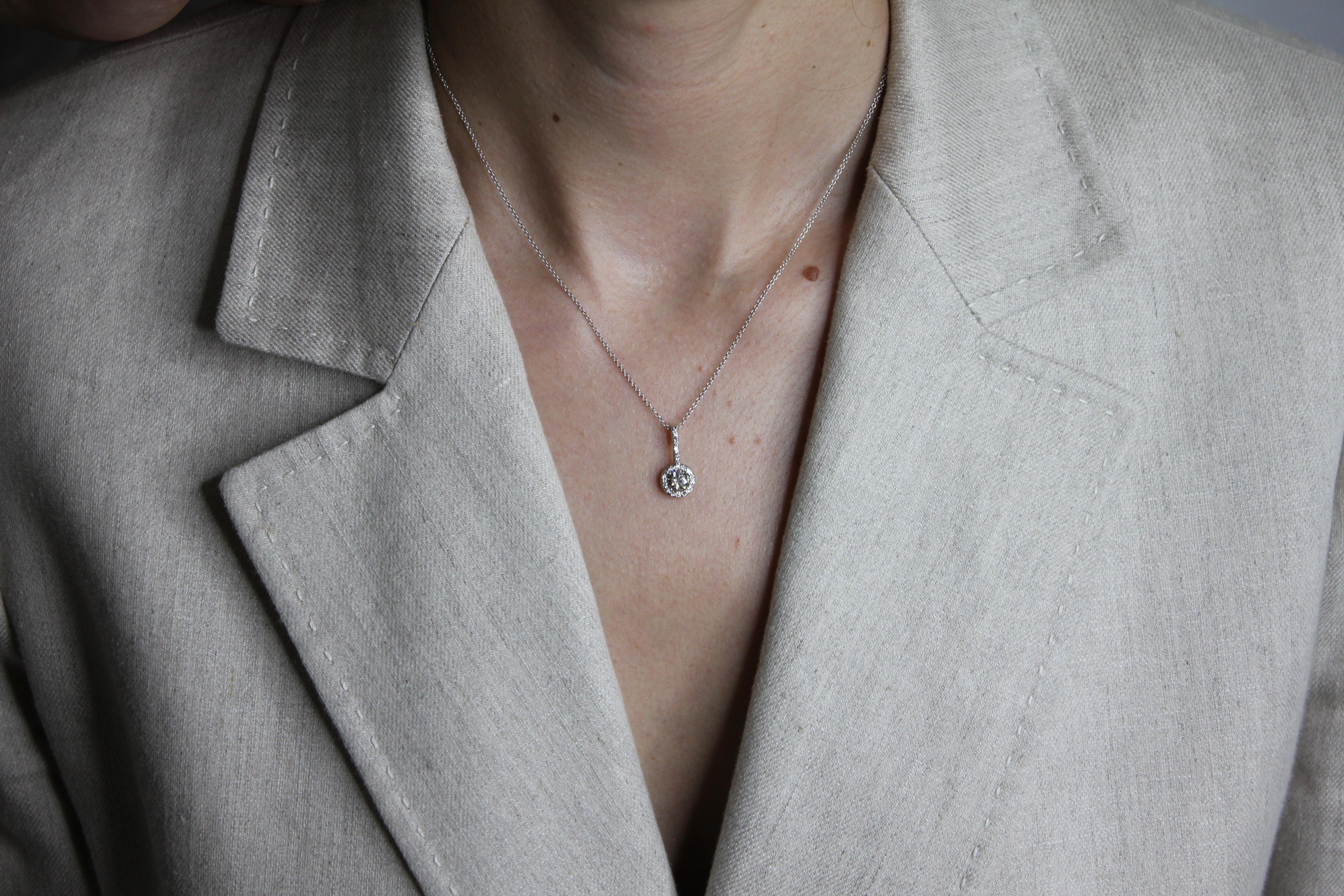 Women's or Men's Diamond Round Pave Halo 14 Karat White Gold Dainty Chain Drop Pendant Necklace For Sale