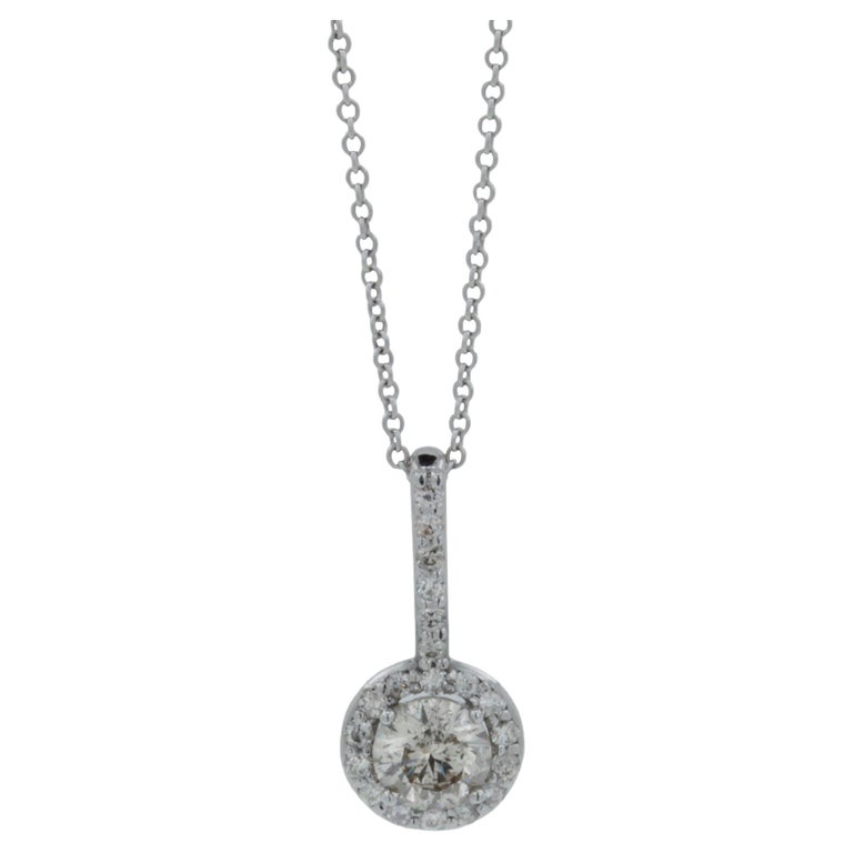 Diamond Round Pave Halo 14 Karat White Gold Dainty Chain Drop Pendant