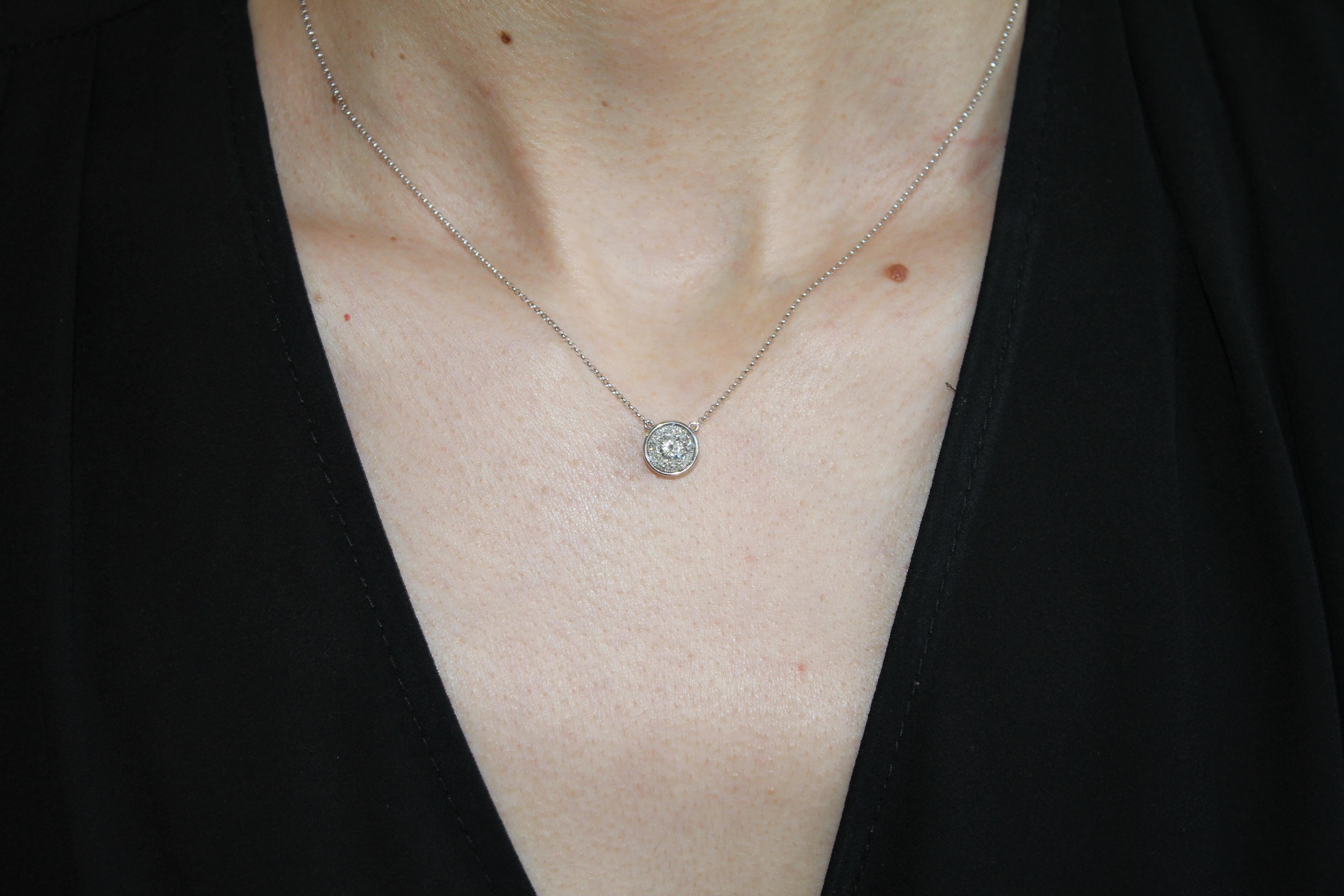 Diamond Round Pave Halo Bezel 14 Karat White Gold Dainty Chain Pendant Necklace For Sale 3
