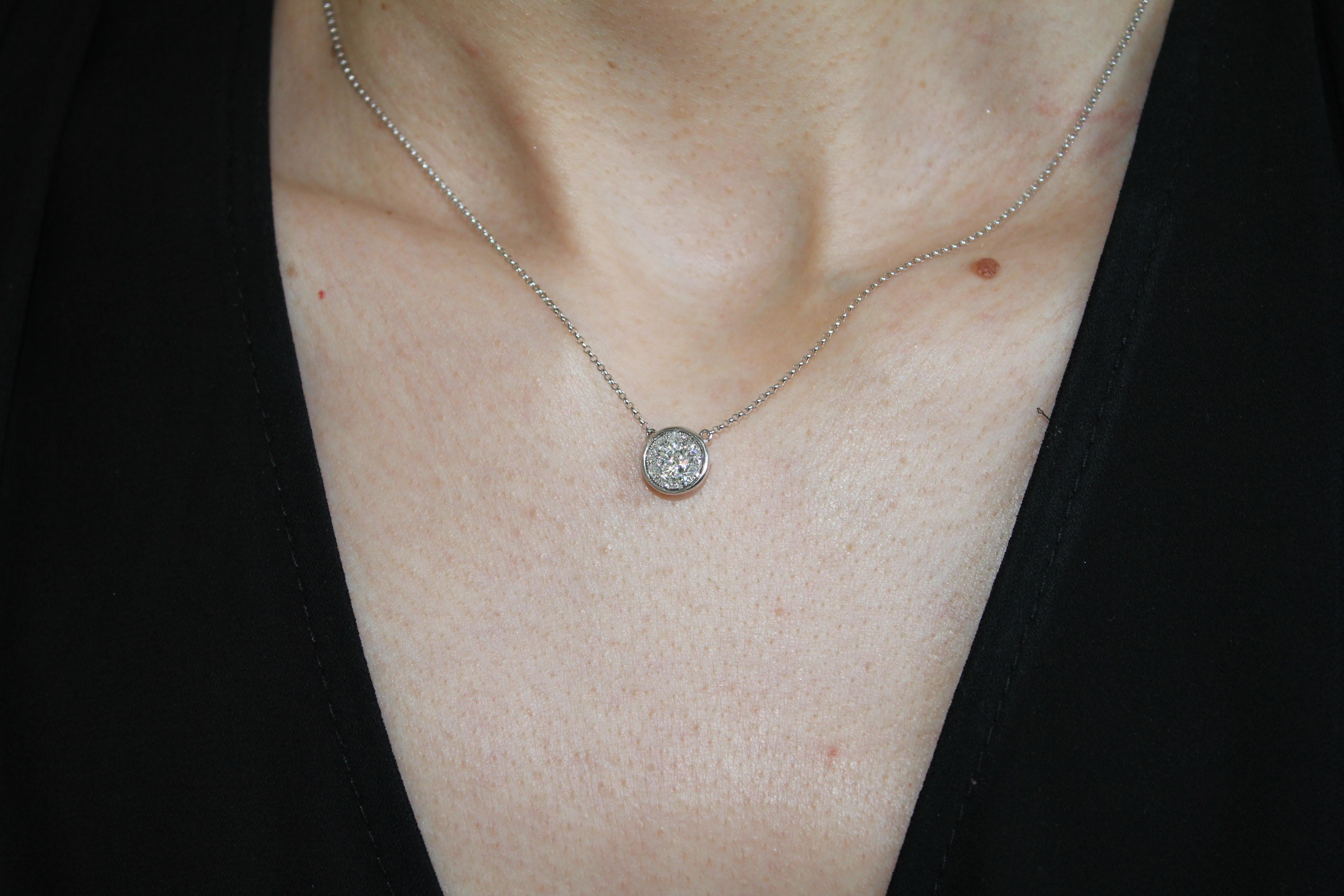 Diamond Round Pave Halo Bezel 14 Karat White Gold Dainty Chain Pendant Necklace For Sale 4