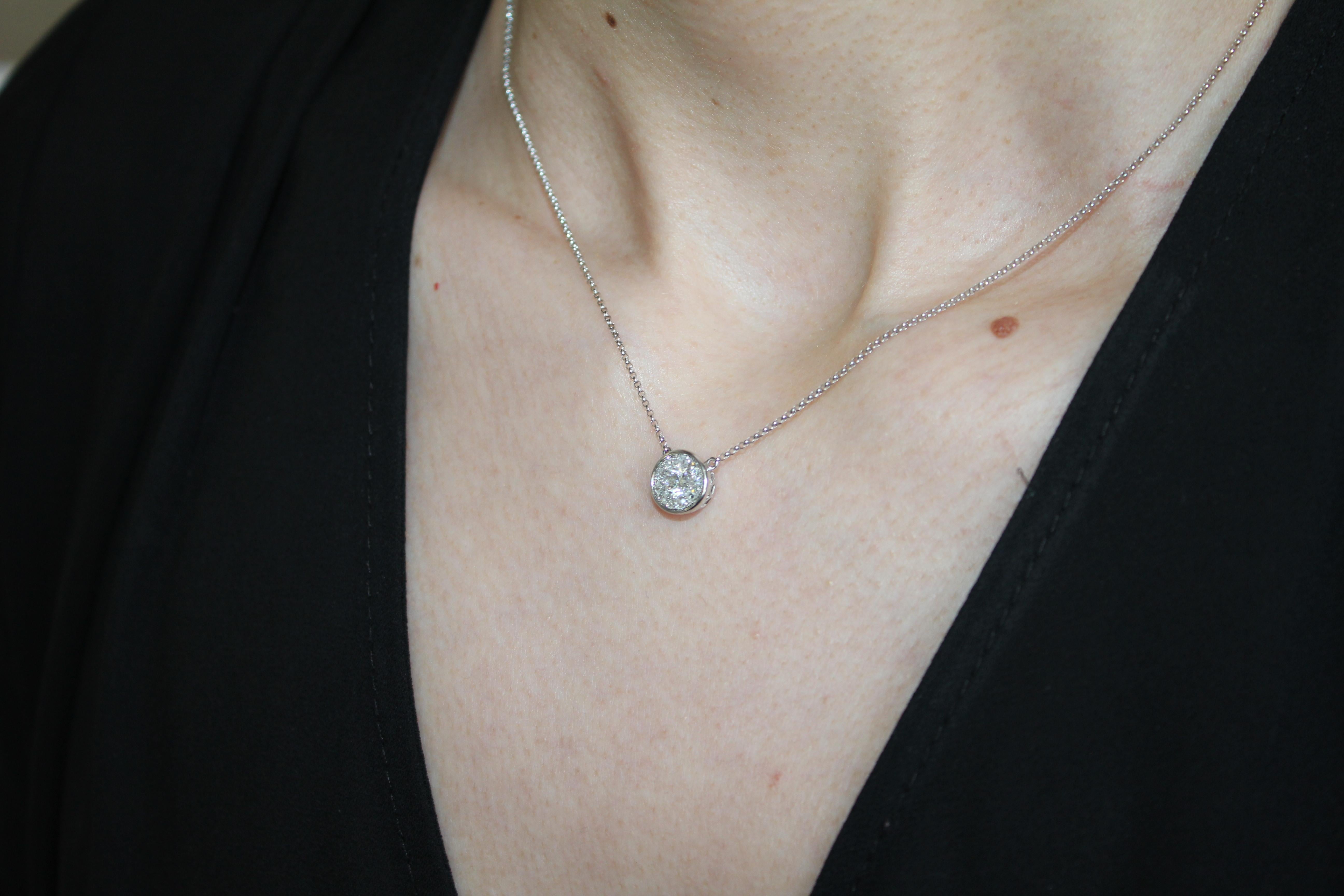 Diamond Round Pave Halo Bezel 14 Karat White Gold Dainty Chain Pendant Necklace For Sale 5