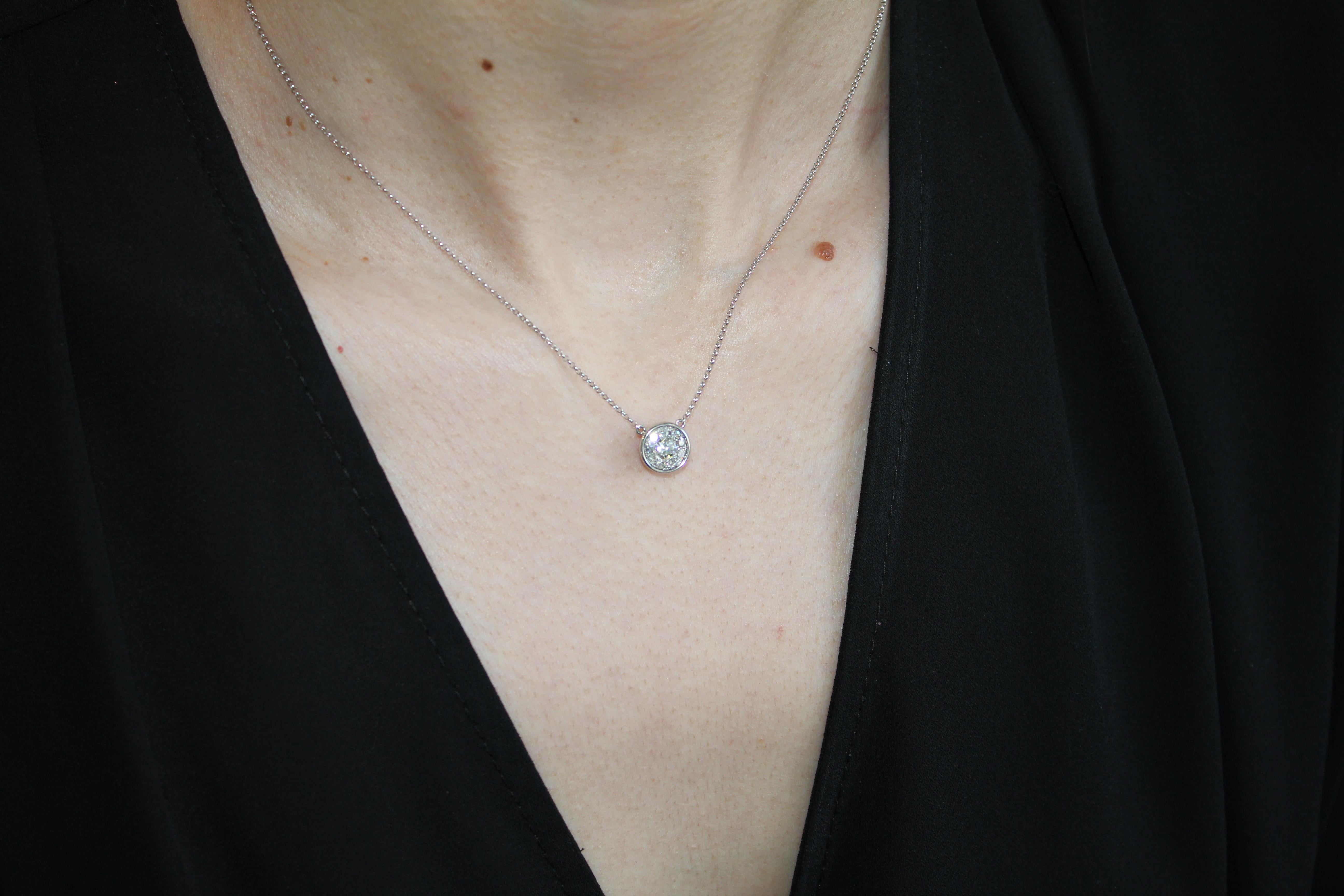 Diamond Round Pave Halo Bezel 14 Karat White Gold Dainty Chain Pendant Necklace For Sale 6
