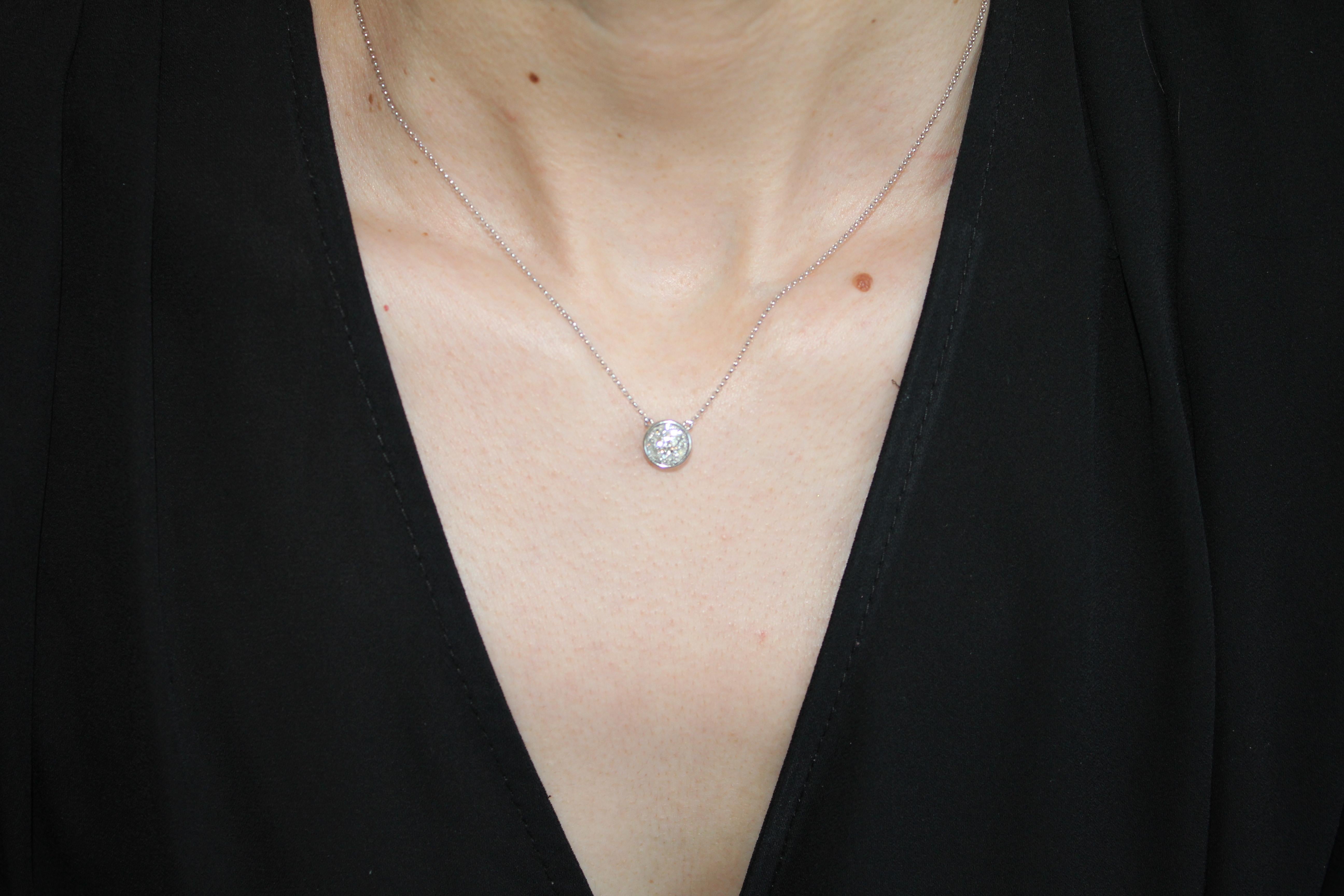 Diamond Round Pave Halo Bezel 14 Karat White Gold Dainty Chain Pendant Necklace For Sale 7