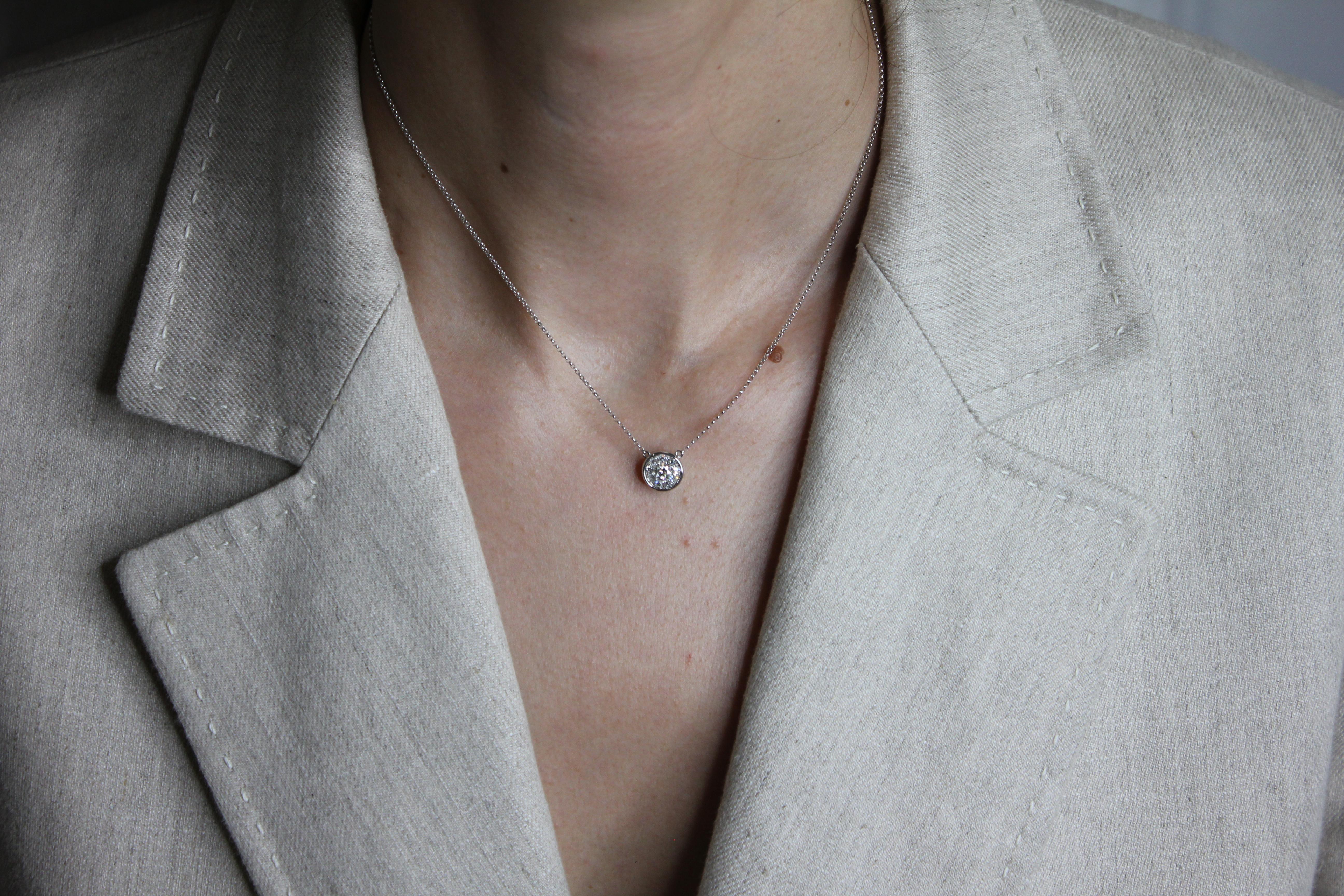 Women's or Men's Diamond Round Pave Halo Bezel 14 Karat White Gold Dainty Chain Pendant Necklace For Sale