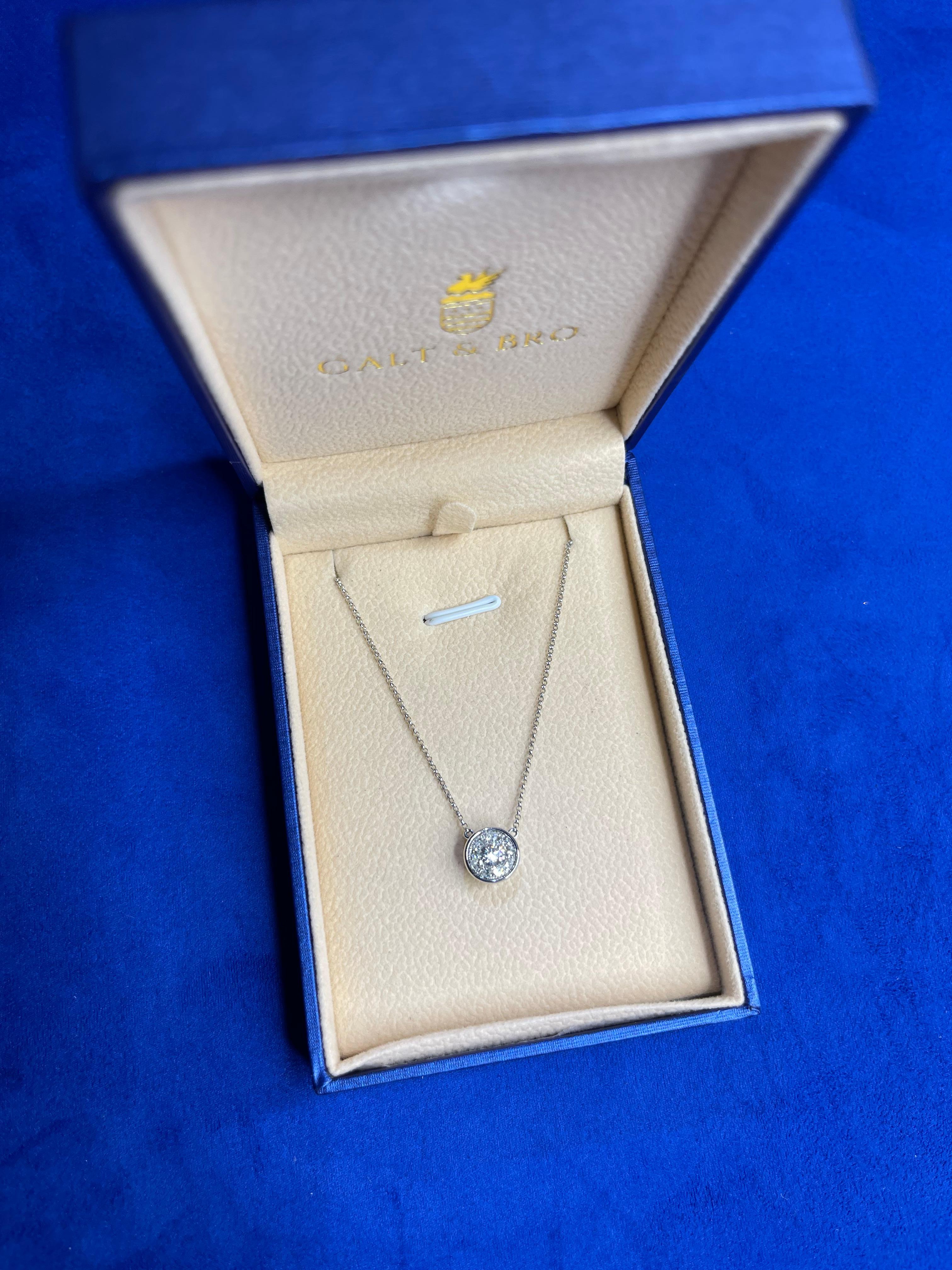 Modern Diamond Round Pave Halo Bezel 14 Karat White Gold Dainty Chain Pendant Necklace For Sale