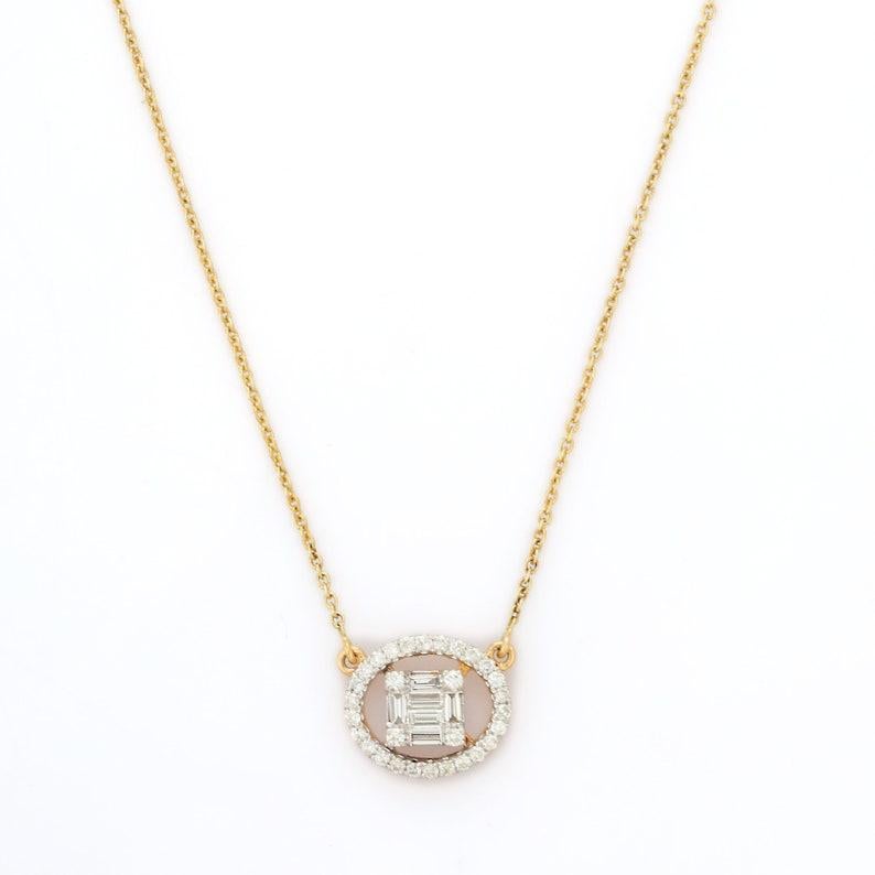 Everyday Diamond Round Pendant in 18K gold studded with round cut diamond. This stunning piece of jewelry instantly elevates a casual look or dressy outfit. 
April birthstone diamond brings love, fame, success and prosperity.
Designed with round cut