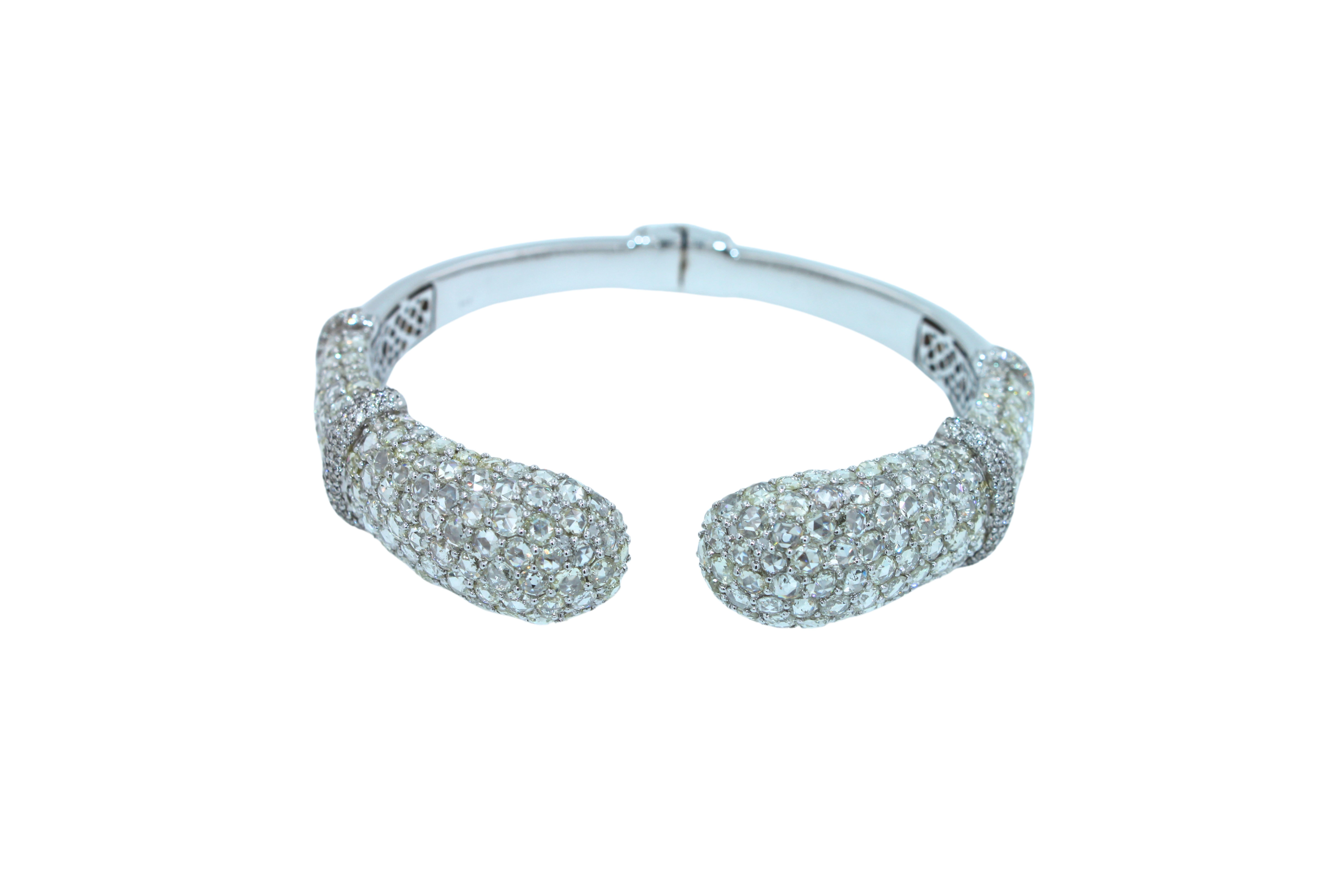 Mixed Cut Diamond Round Shape Brilliant Cut Pave Set Lux 18K White Gold Bangle Bracelet For Sale