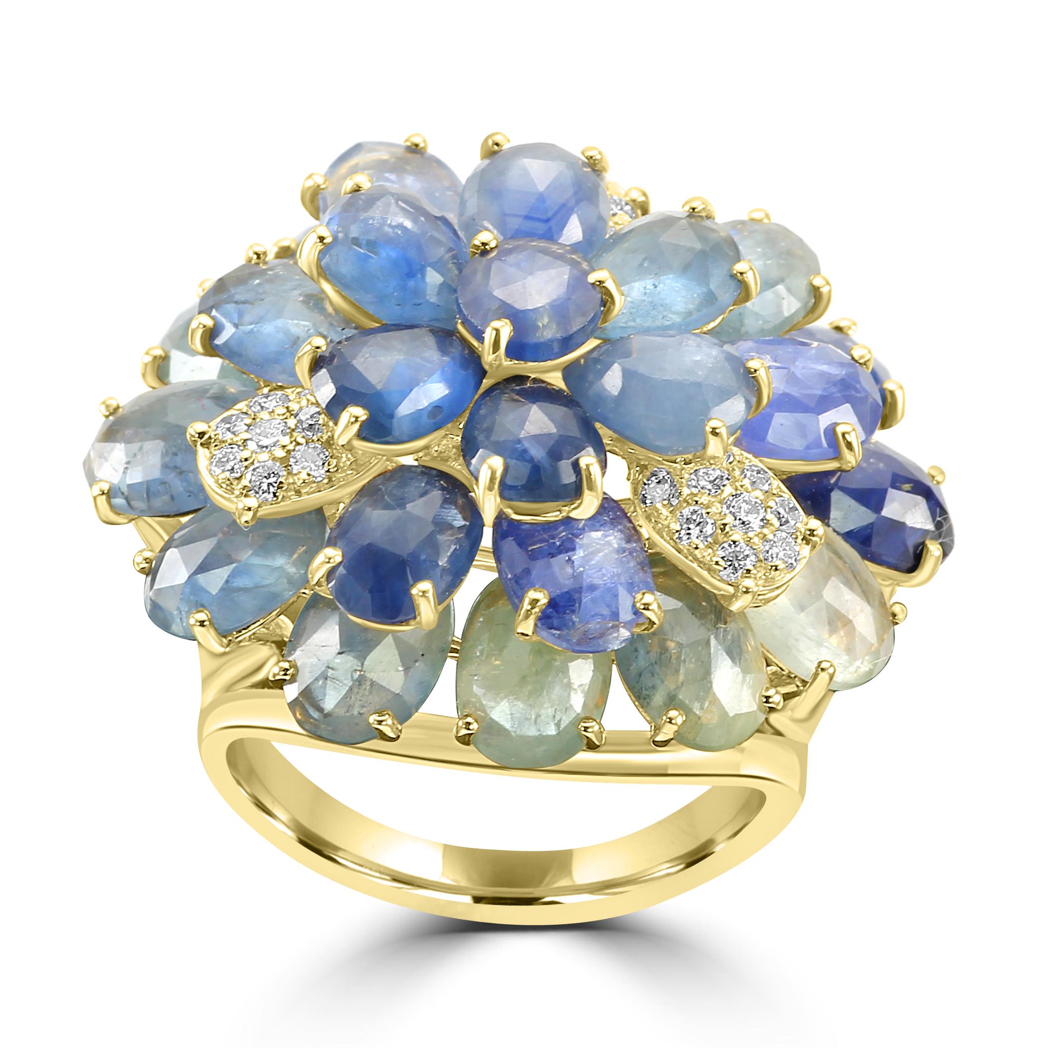 Indulge in luxury with this extraordinary cocktail ring. 

This ring features 21.2 carats of mesmerizing pear and oval sapphires precisely set to show case the greyish- blue hue. which exudes a sense of luxury and elegance, making the sapphires a