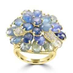 Diamond Rounds & Sapphire Pear/Ovals 18 Karat Yellow Gold Cocktail Fashion Ring