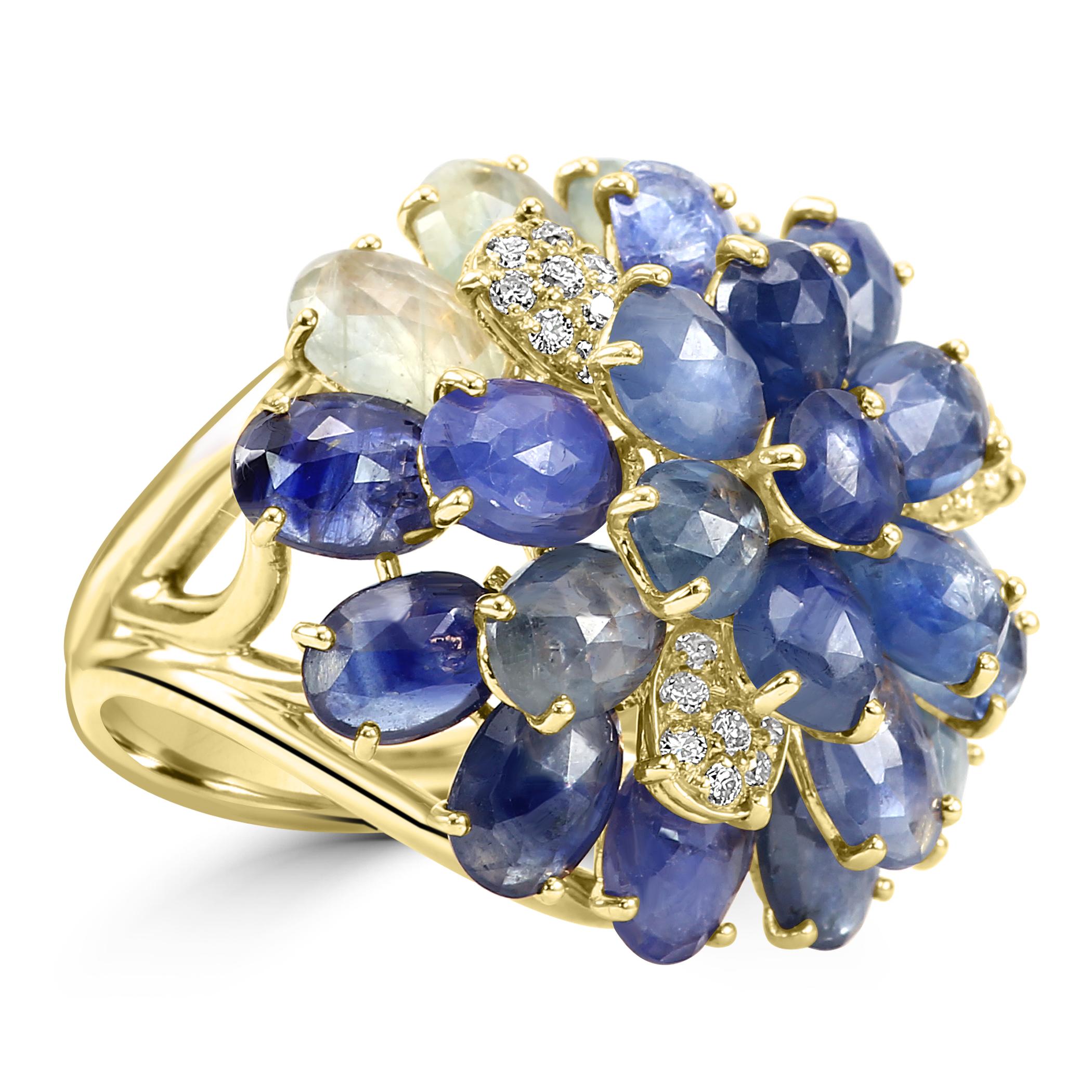 Art Deco Diamond Rounds & Sapphire Pear/Ovals 18 Karat Yellow Gold Cocktail Fashion Ring For Sale
