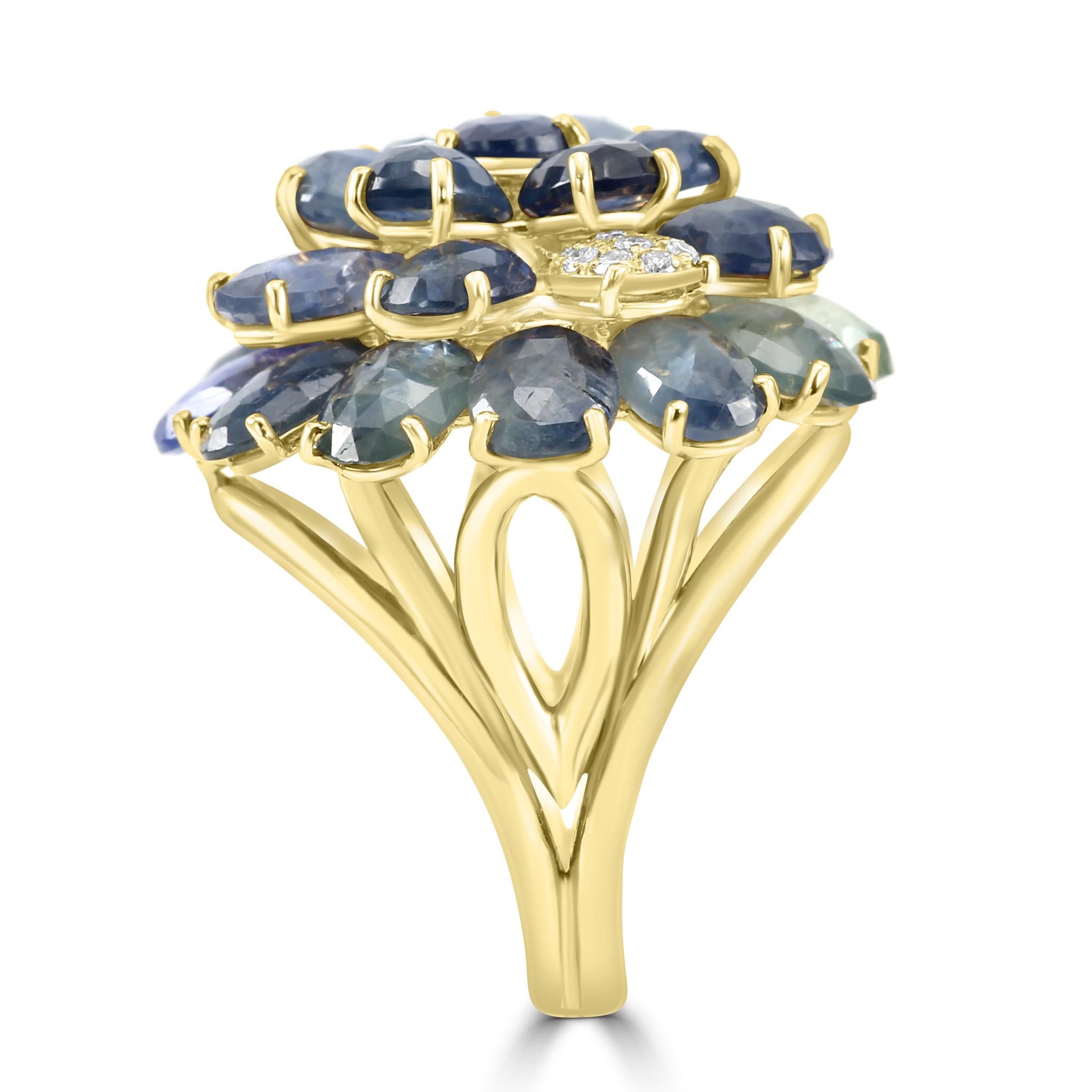 Diamond Rounds & Sapphire Pear/Ovals 18 Karat Yellow Gold Cocktail Fashion Ring For Sale 1