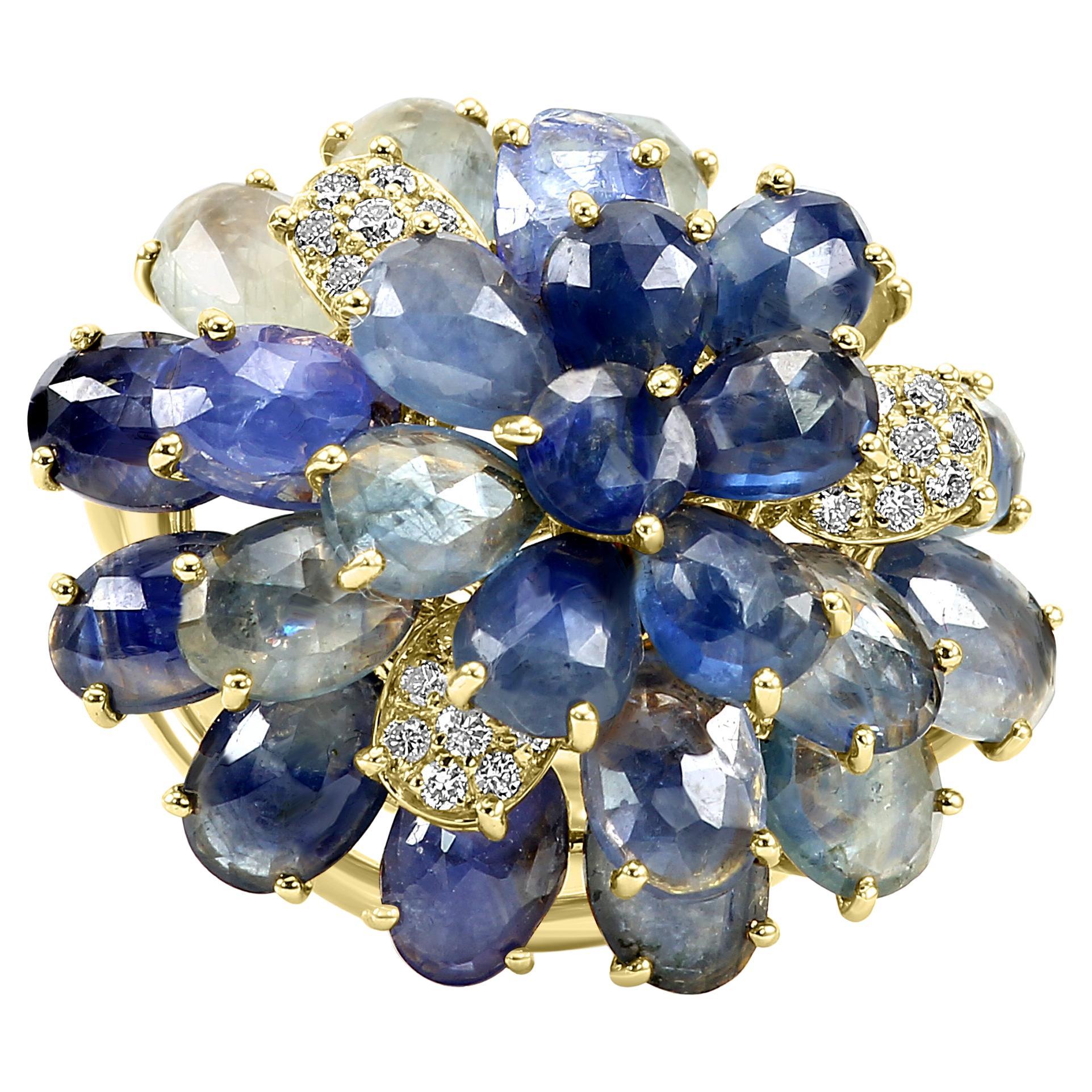 Diamond Rounds & Sapphire Pear/Ovals 18 Karat Yellow Gold Cocktail Fashion Ring