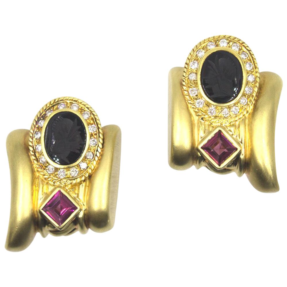 Diamond Rubelite Onyx Intaglio Brushed 18 Karat Yellow Gold Clip Earrings