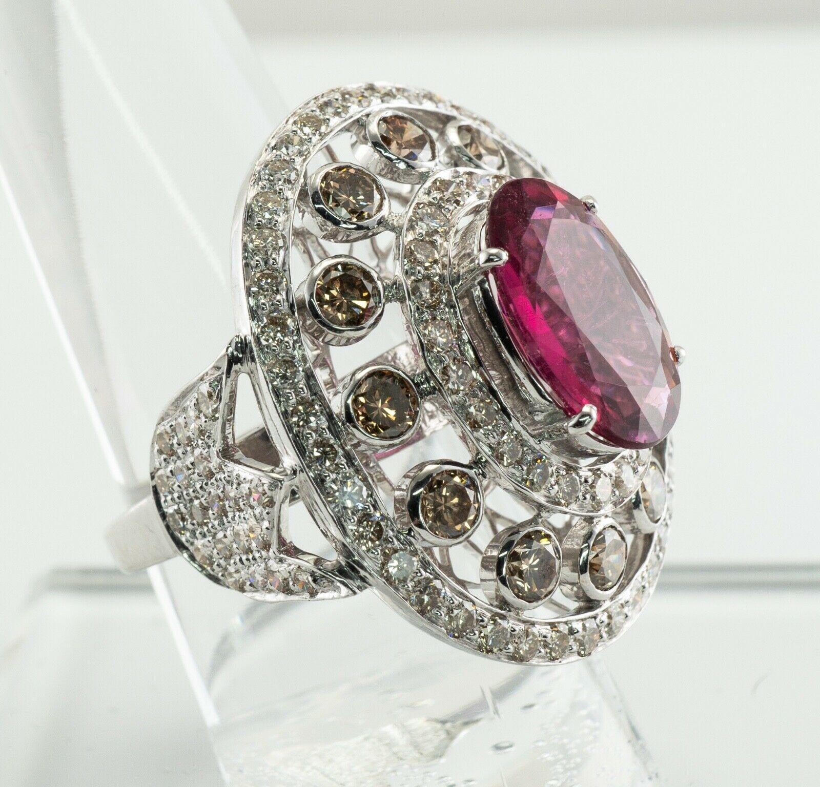 Diamond Rubellite Pink Tourmaline Ring Oval 18K White Gold For Sale 6