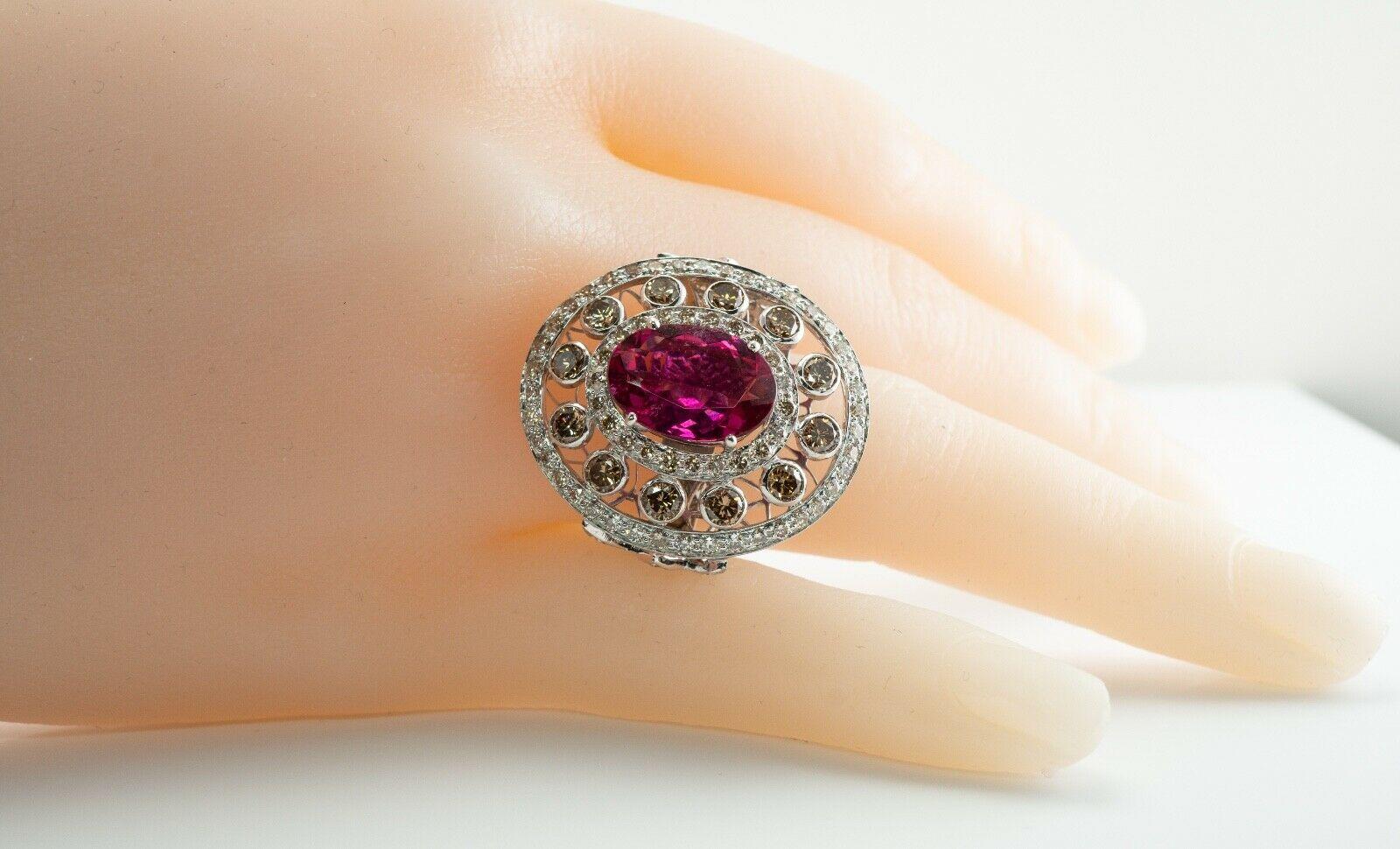 Diamond Rubellite Pink Tourmaline Ring Oval 18K White Gold For Sale 7