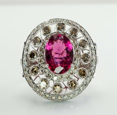 Diamond Rubellite Pink Tourmaline Ring Oval 18K White Gold