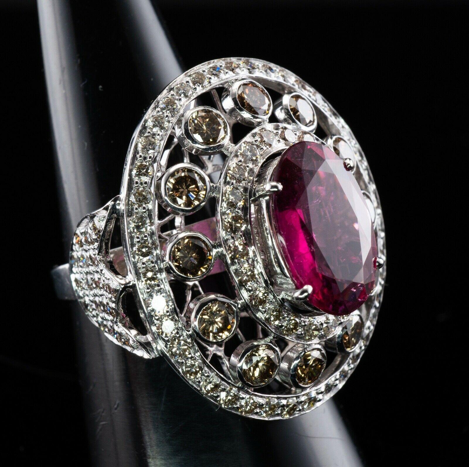 Oval Cut Diamond Rubellite Pink Tourmaline Ring Oval 18K White Gold For Sale