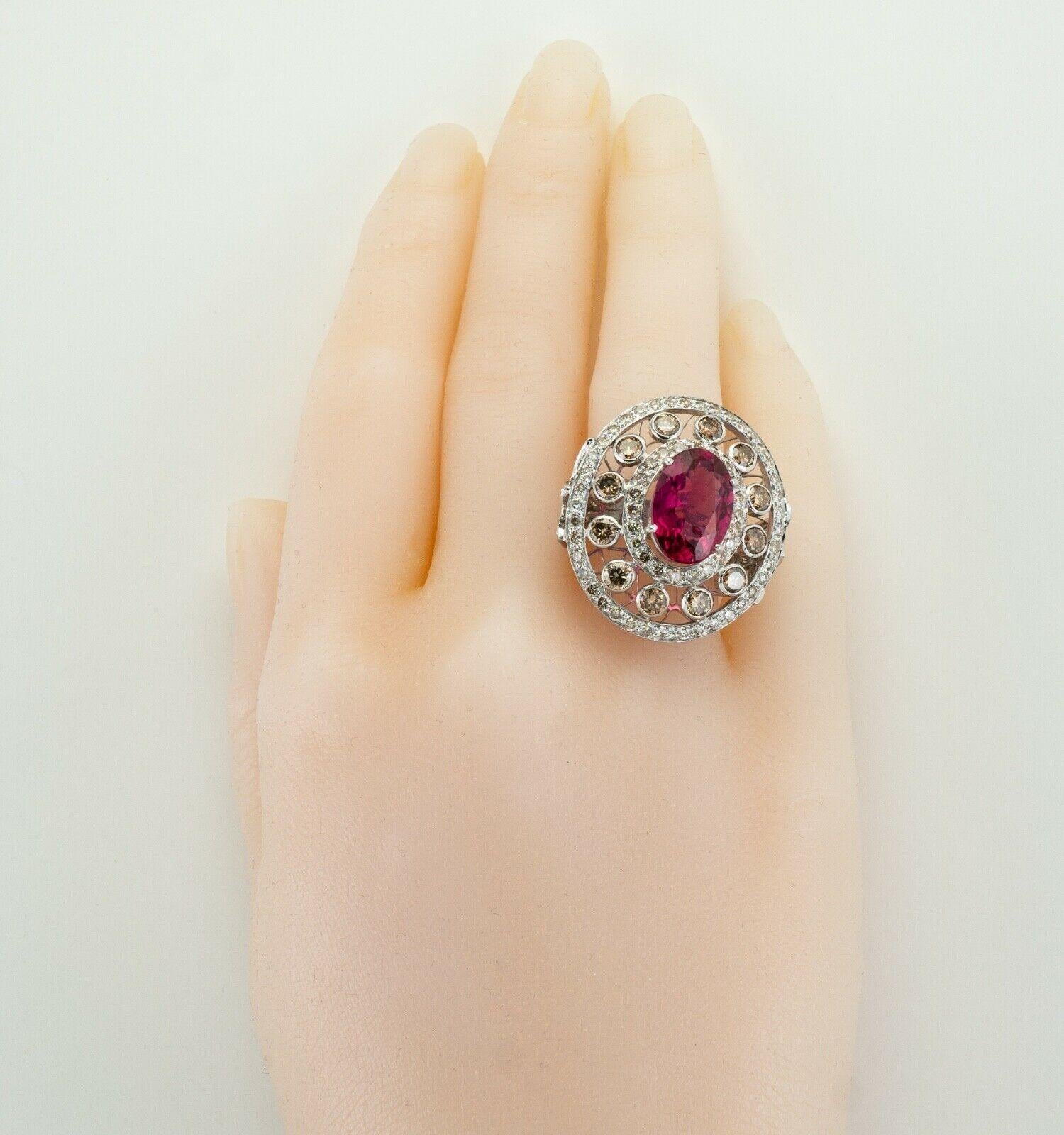 Diamond Rubellite Pink Tourmaline Ring Oval 18K White Gold In Good Condition For Sale In East Brunswick, NJ