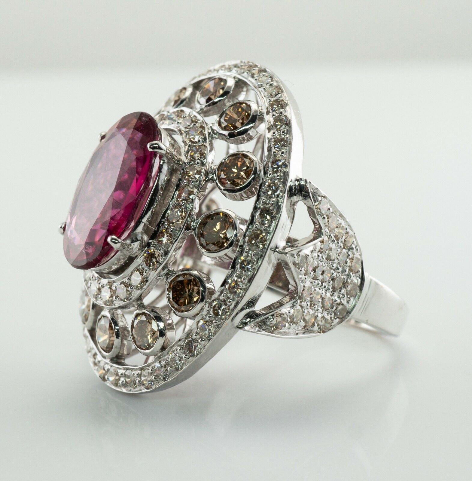 Diamond Rubellite Pink Tourmaline Ring Oval 18K White Gold For Sale 1