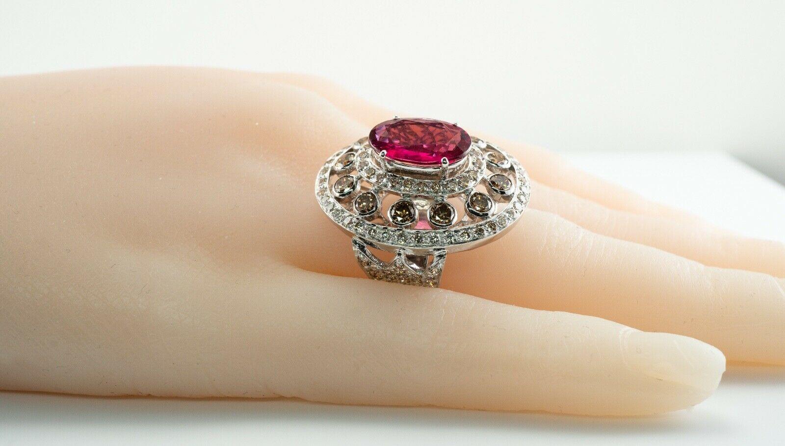 Diamond Rubellite Pink Tourmaline Ring Oval 18K White Gold For Sale 4