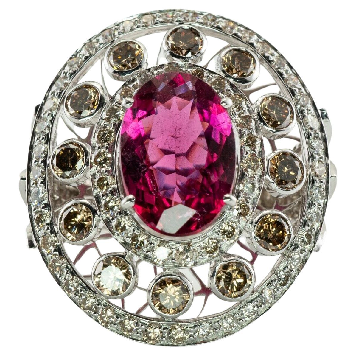 Diamond Rubellite Pink Tourmaline Ring Oval 18K White Gold