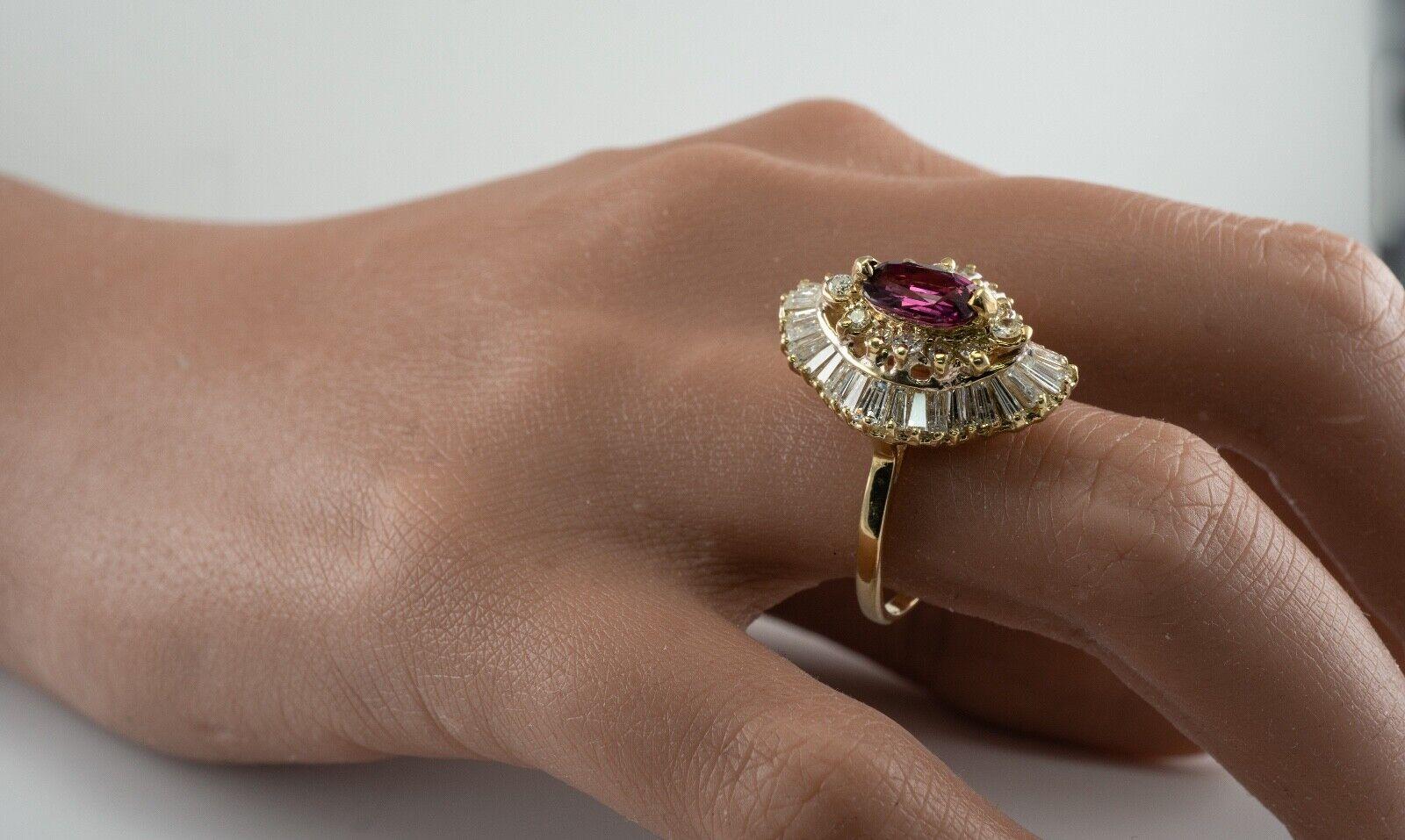 Diamond Rubellite Pink Tourmaline Ring Vintage 14K Gold Ballerina Statement For Sale 2
