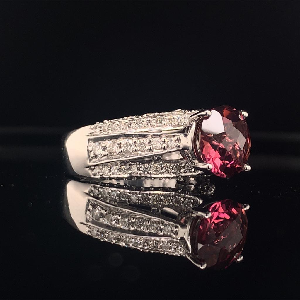 Modern Diamond Tourmaline Rubellite Ring 7.25 14k Gold 3.65 Carat Women Certified For Sale